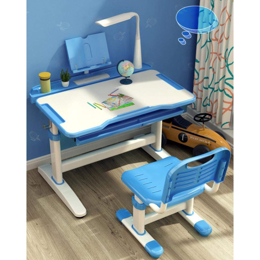 Adjustable Height Student Desk and Chair Set with LED Light, Pull-Out Drawer Storage - Ergonomic Study Table for Kids & Teens - Perfect for Bedroom, Dorm Room or Home Office (Blue)