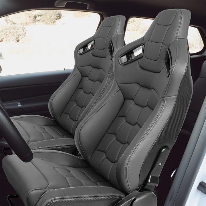 2 Pack Universal PVC Leather Bucket Racing Seats with Dual Lock Sliders for Front-Back Adjustment - Gray Automotive Racing Seats for Cars, Trucks & SUVs - Perfect for Racing Enthusiasts & Car Upgrades