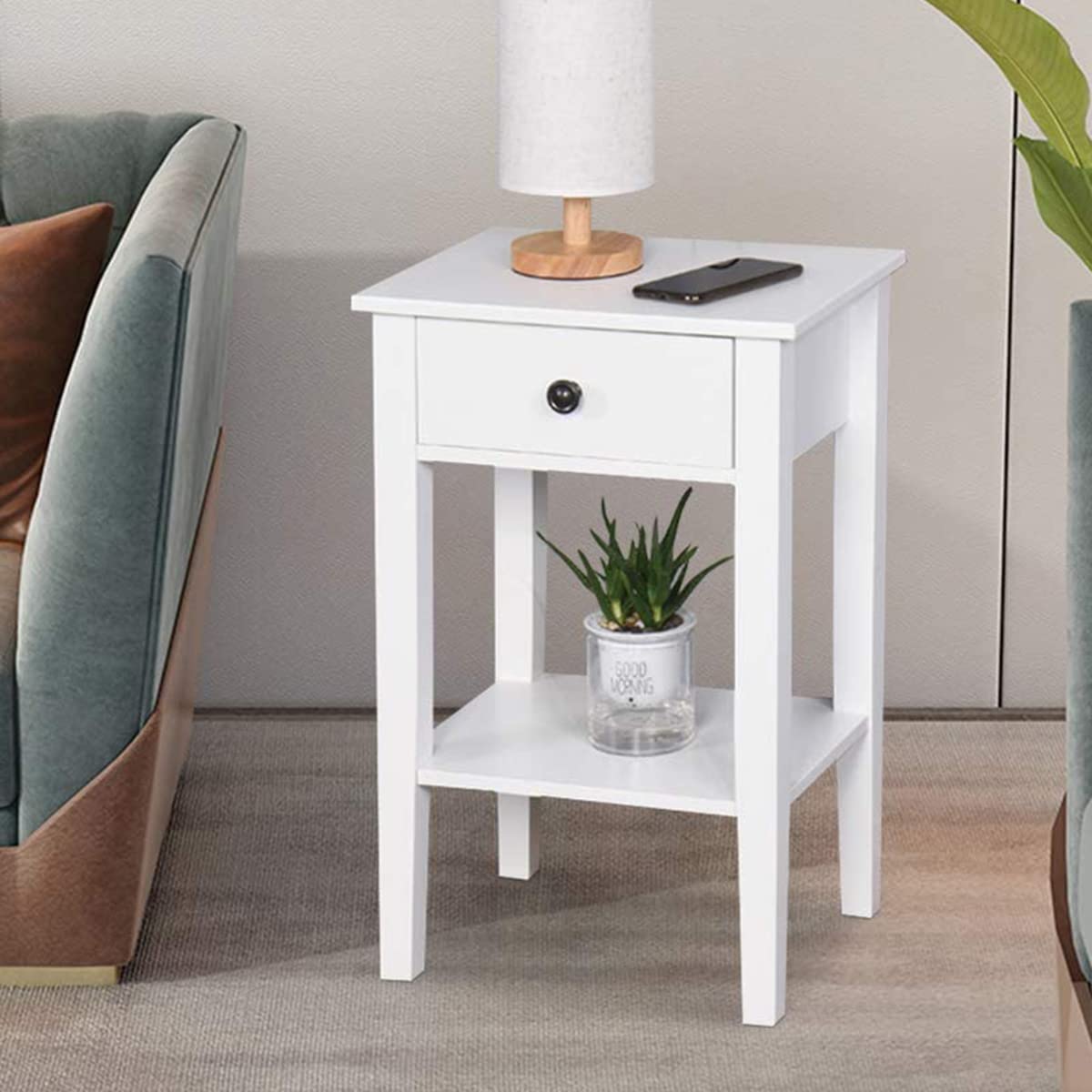 White Wooden Side Table with Drawer - Tall Bedside Nightstand, End Table & Sofa Table with Shelf for Living Room, Bedroom - Perfect for Phone Charging, Reading Lamp & Bedside Storage