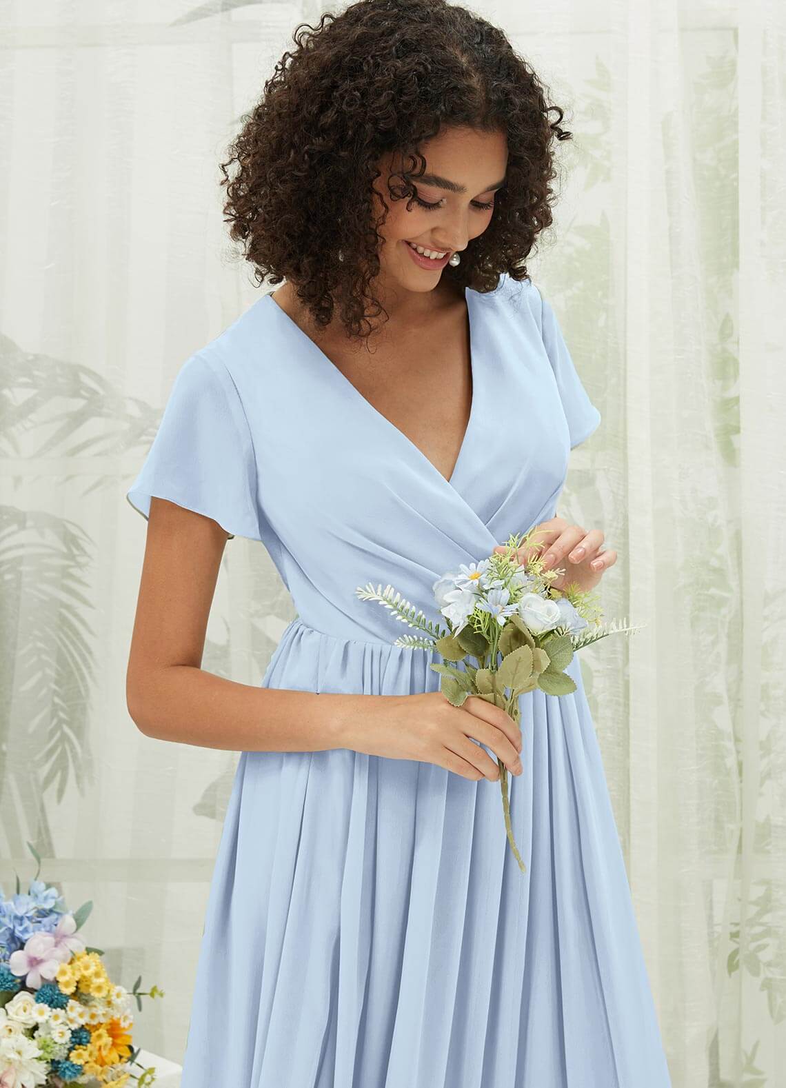 Cornflower Blue Chiffon Short Sleeve V-Neck Wrap Pleated Bridesmaid Dress - Elegant Wedding Party Attire for Bridesmaids, Formal Events & Special Occasions