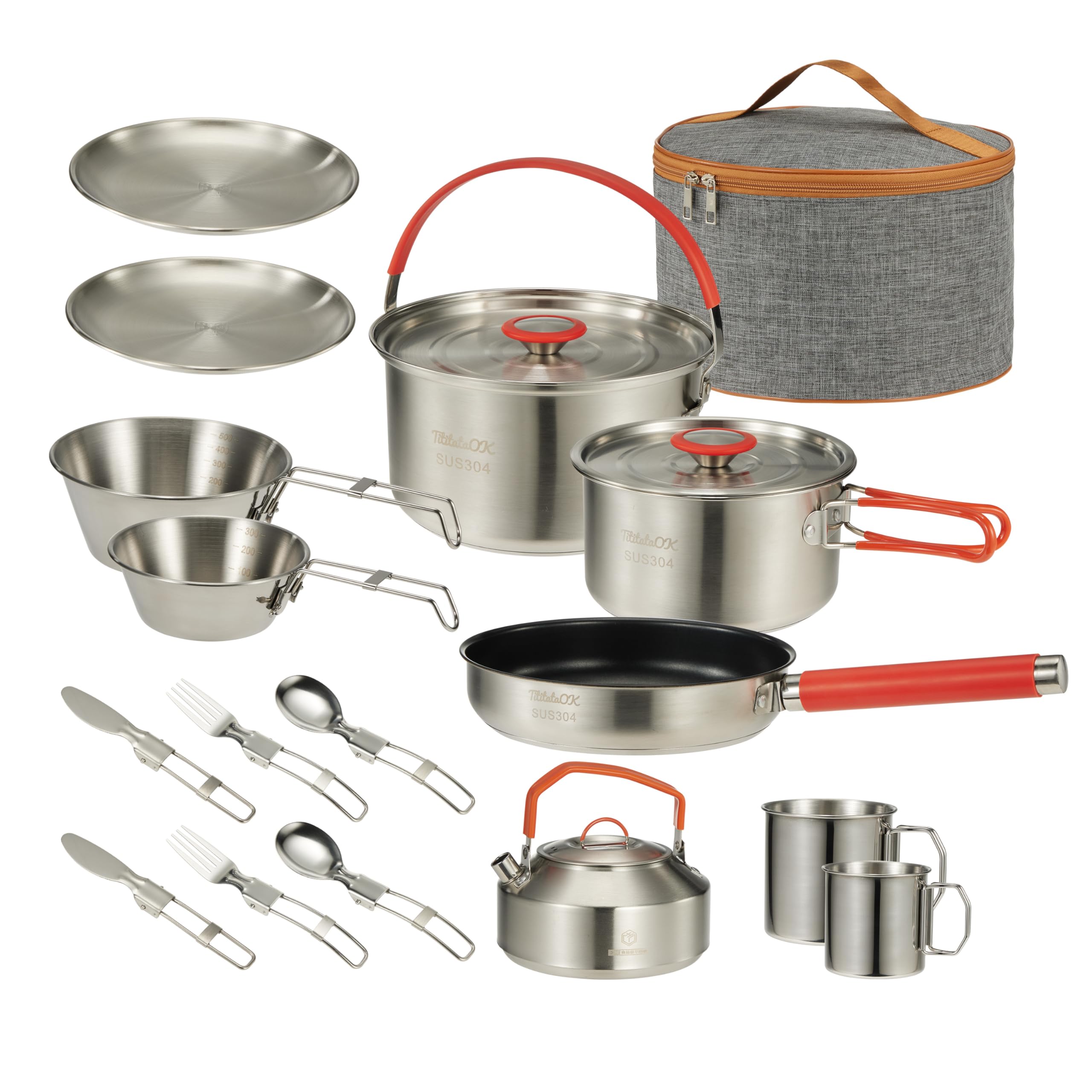 Premium 16-Piece Camping Cookware Set - 304 Stainless Steel Pots, Pans, Kettle with Storage Bag | Complete Kit with Plates, Bowls & Utensils (Knives, Forks, Spoons) | Compact & Durable for Outdoor Camping, Hiking, Picnics & Indoor Kitchen Use