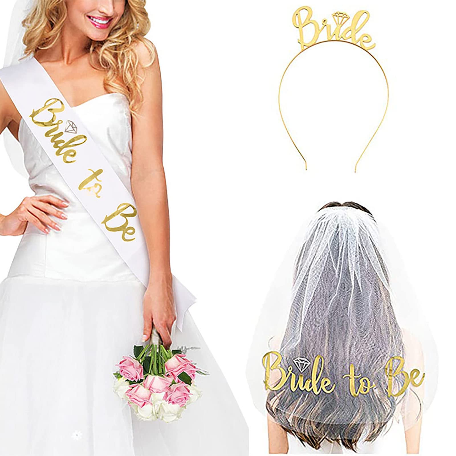 Bride to Be Set - 3-Piece Bridal Accessories Kit with Sash, Tiara Headband & Shoulder Veil for Bachelorette Party & Bridal Shower Decor (Gold) | Perfect for Wedding Showers, Engagement Parties & Pre-Wedding Celebrations