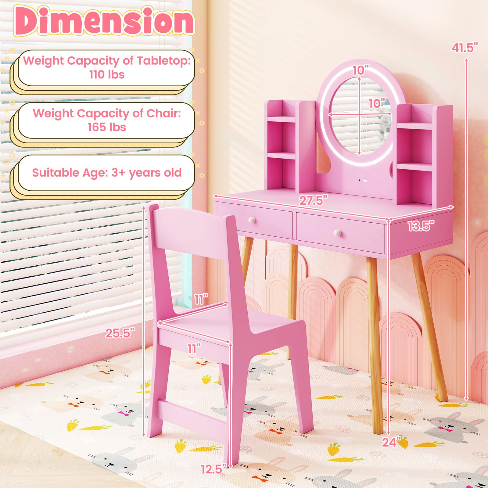 HONEY JOY Kids Vanity Set with Mirror, Stool & Lights - Pink Toddler Makeup Dressing Table with Storage Drawers & Shelves - Pretend Play Vanity for Girls - Perfect for Bedroom Decor, Birthday Gifts & Role Play Activities