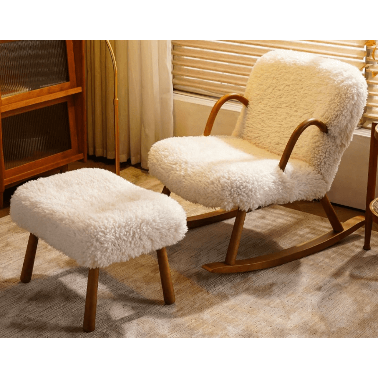 White/Khaki/Gray Boucle Sherpa Upholstered Rocking Chair - Solid Wood Accent Chair in Walnut Finish | Perfect for Living Room, Nursery & Cozy Reading Nook