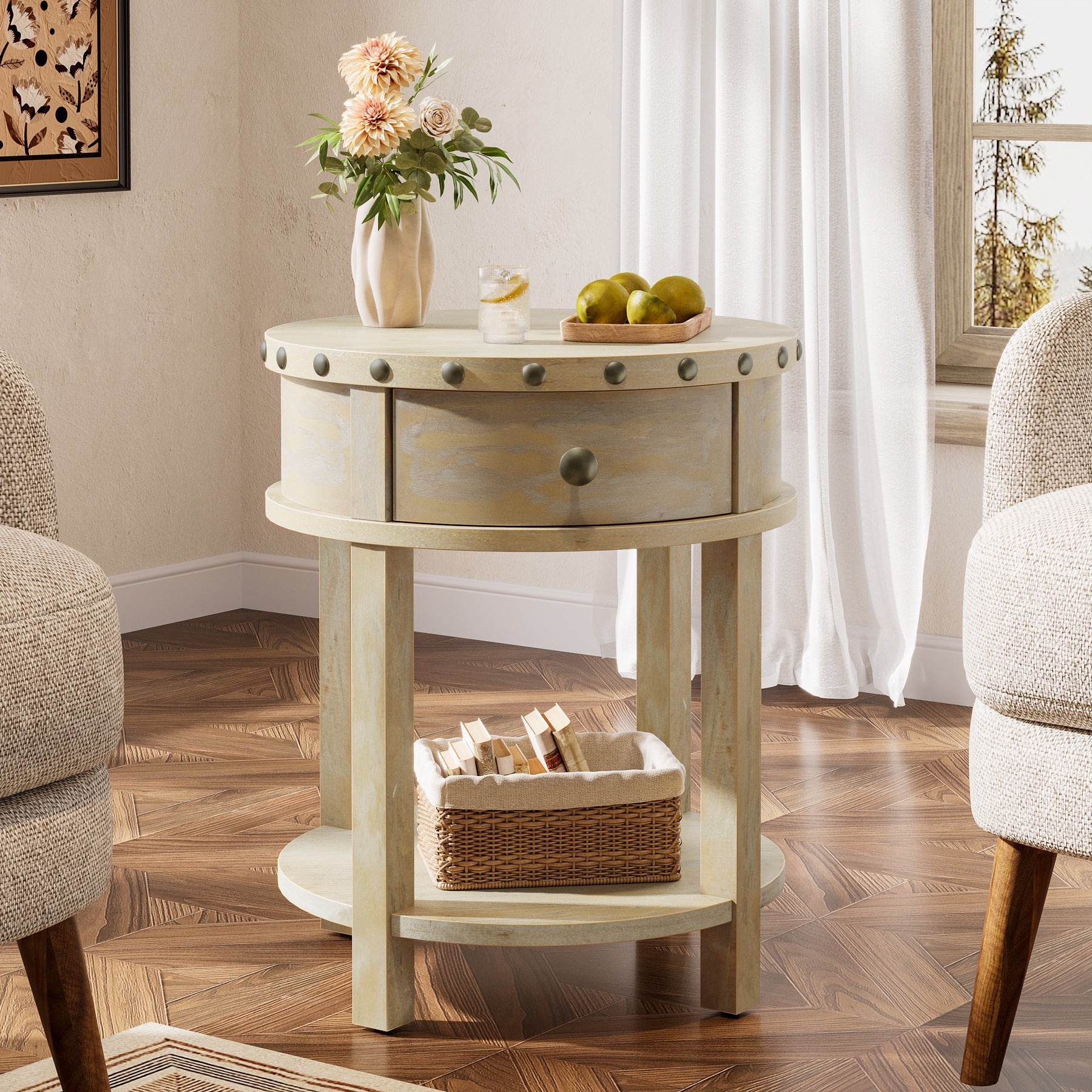 19.6 Inch Small End Table with Drawer & Bottom Shelf - Nightstand, Living Room Accent Table, Bedside Table for Bedroom Decor