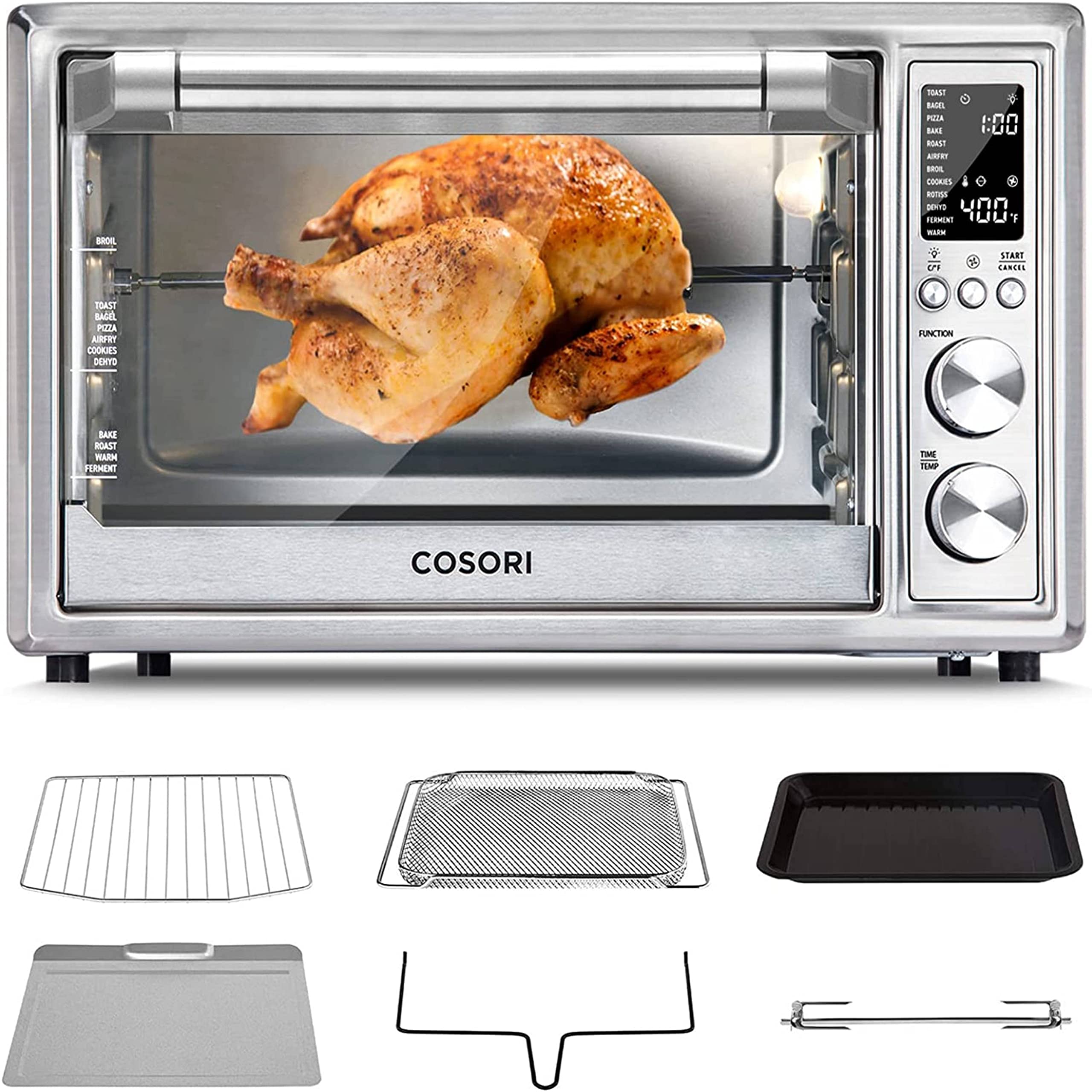 COSORI 12-in-1 Air Fryer Toaster Oven with Rotisserie - 32QT/30L Stainless Steel Countertop Convection Oven, 6-Slice Toaster, 13-inch Pizza Maker - Includes 6 Accessories (Basket, Tray) & 100 Recipes - Perfect for Baking, Roasting, and Healthy Family Meals