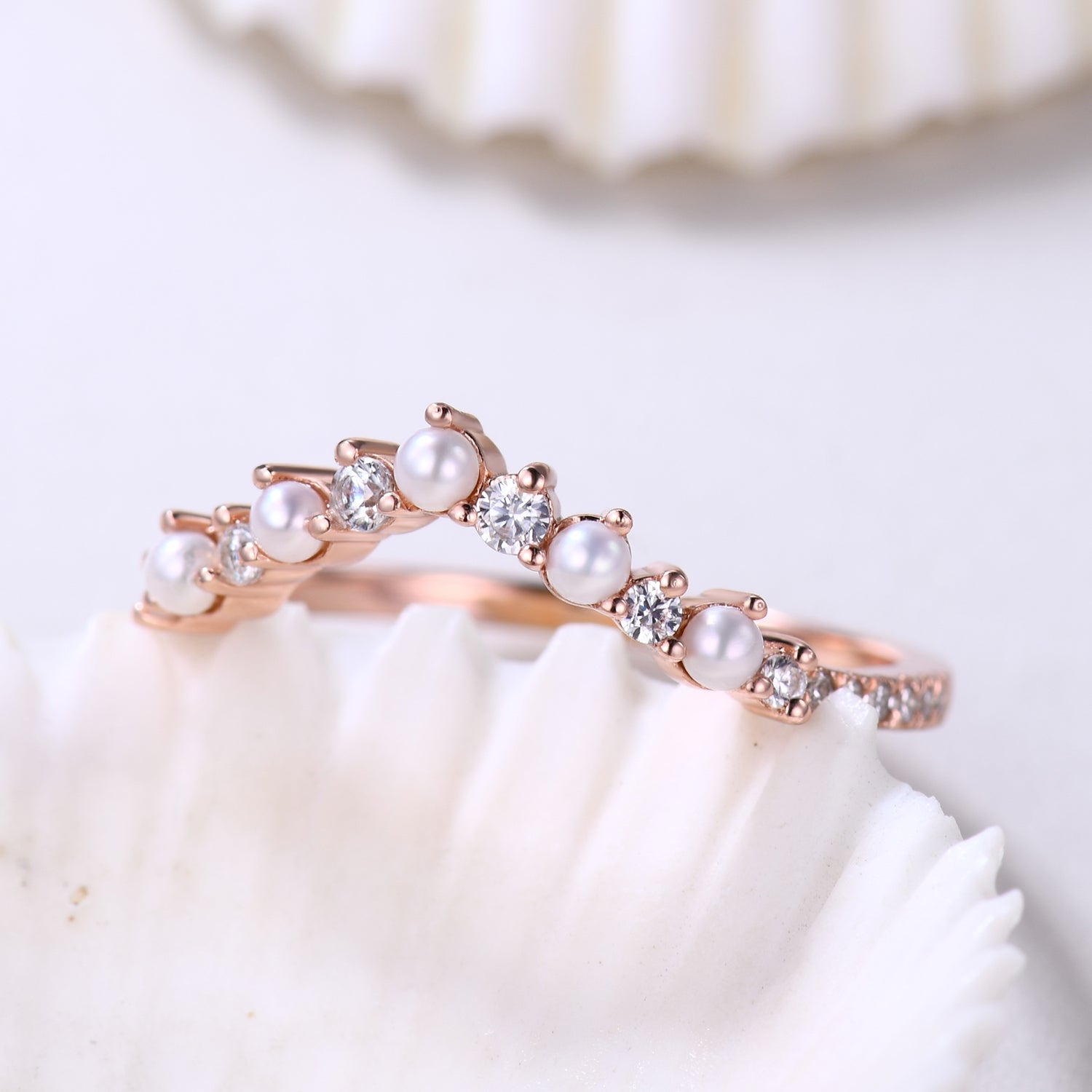 14K Rose Gold Petite V-Shaped Pearl & Diamond Stacking Ring for Women - Elegant Curve Band for Layering, Stacking, and Everyday Wear