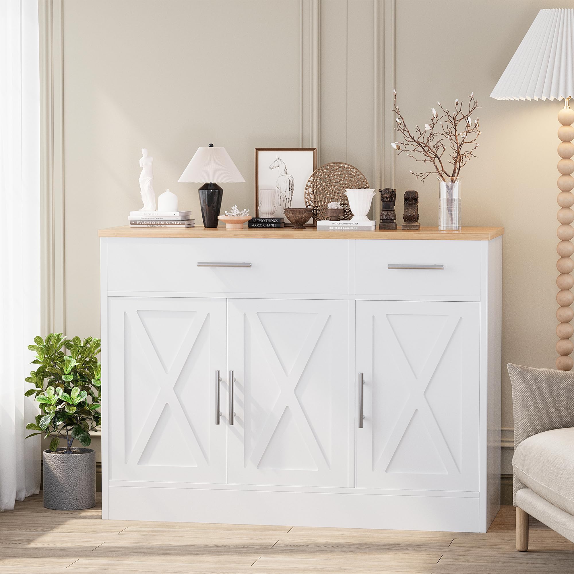 Modern Farmhouse Sideboard Buffet Cabinet with 3 Barn Doors & Adjustable Shelves - 42