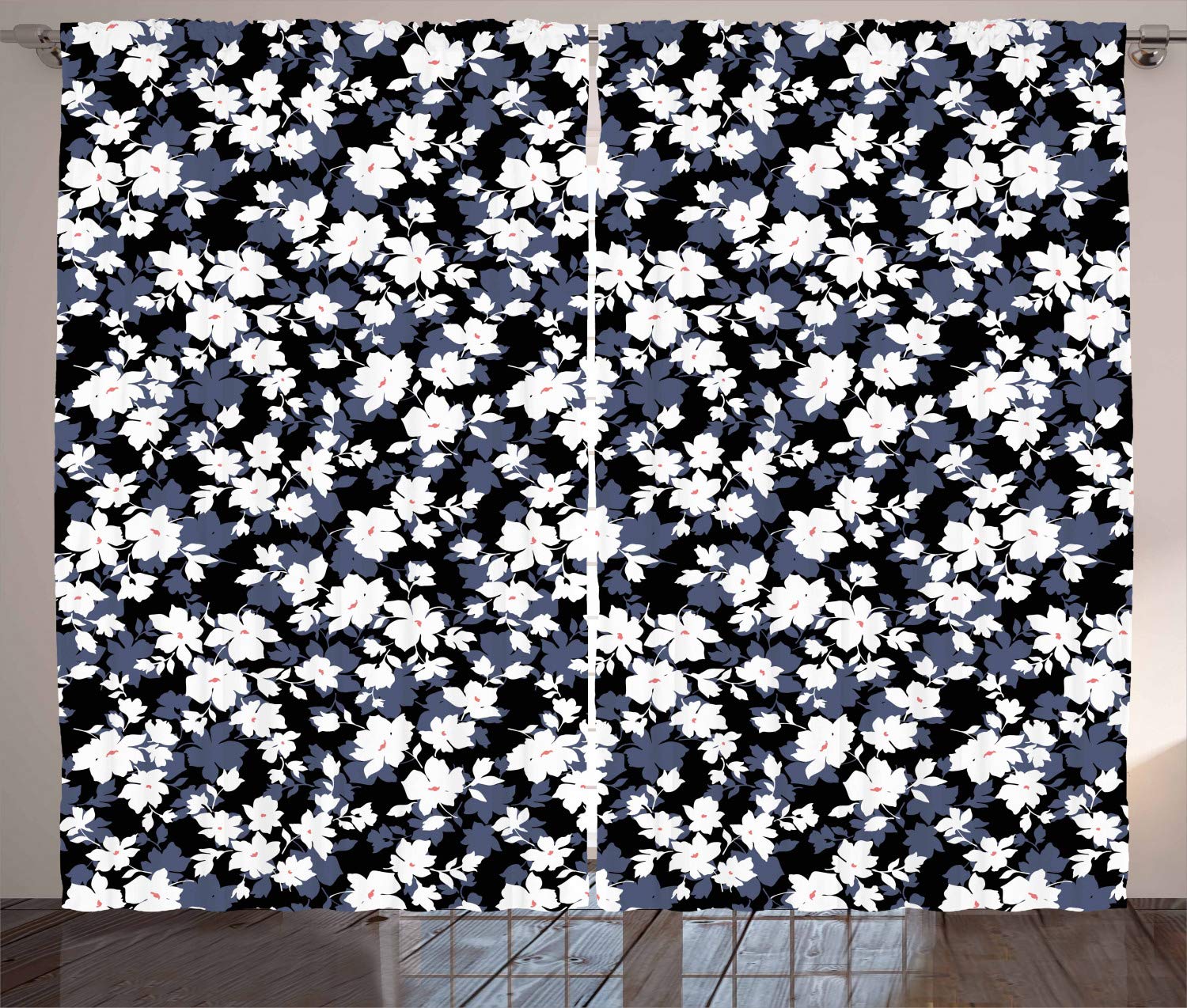 Ambesonne Vintage Floral Curtains - Black White Dimgrey Flower Garden Window Drapes with Blossoming Leaves Silhouette Design, 2 Panel Set 108