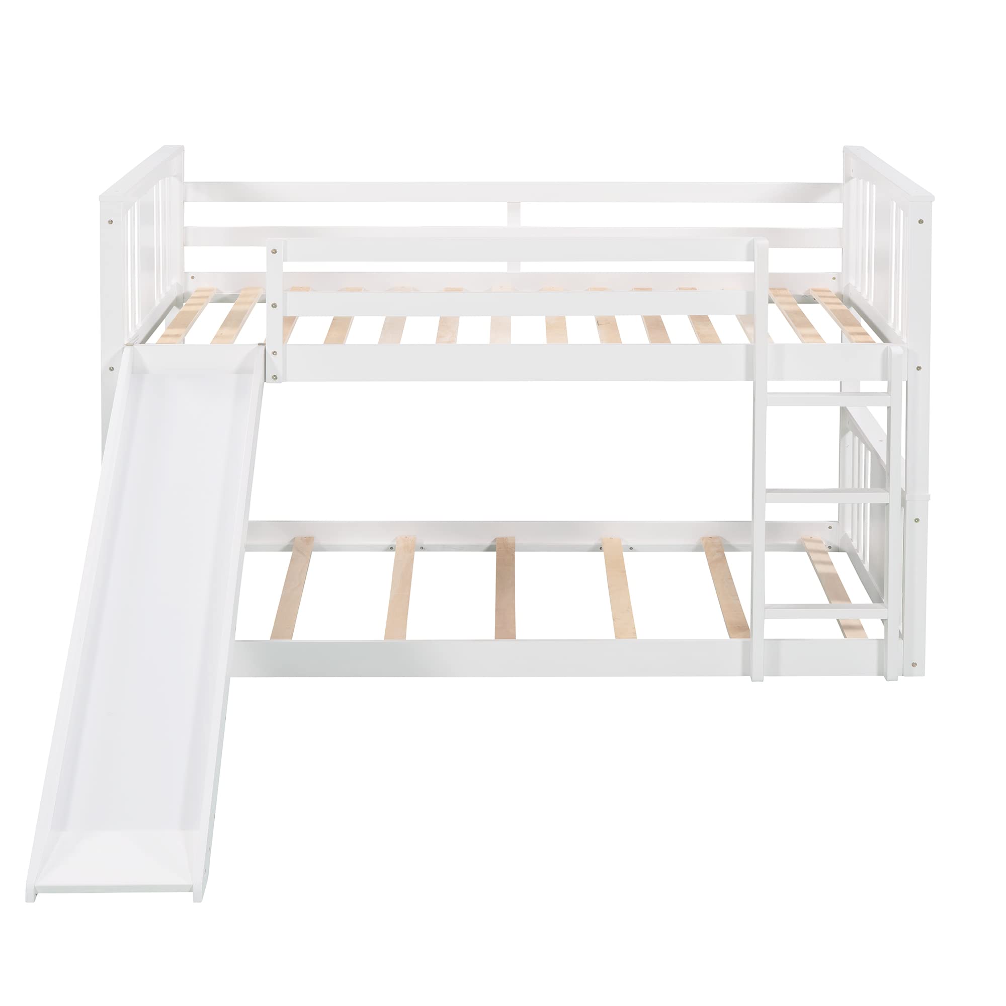 Montessori Twin Over Twin Bunk Bed with Slide & Ladder - Low Profile Kids Bunk Bed with Safety Guardrail, Headboard & Footboard - White Space-Saving Bunk Bed for Boys & Girls - Perfect for Small Bedrooms, Playrooms & Shared Kids' Rooms