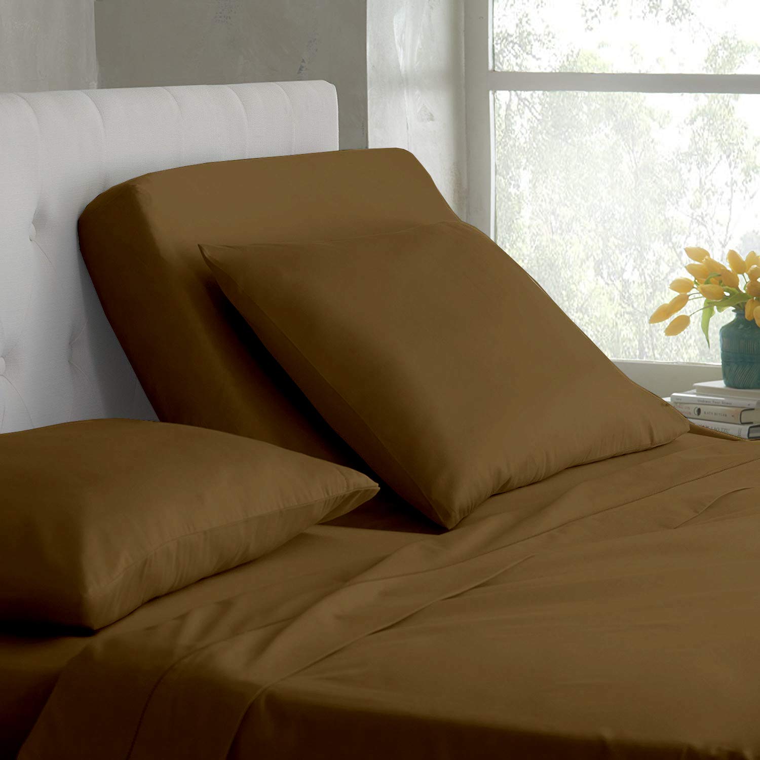 Split King Sheet Set - 100% Cotton 400-Thread-Count Taupe Solid Adjustable Bed Sheets with 15