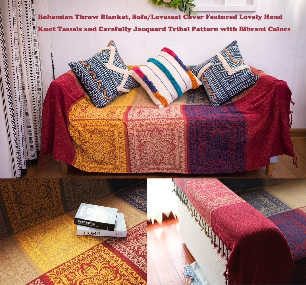 Bohemian Woven Throw Blanket - Soft Chenille Striped Jacquard Blanket for Couch, Sofa & Bed, 60x75 Inches, Red Navy Tribal Design - Perfect for Cozy Home Decor, Living Room Accent & Boho Chic Style