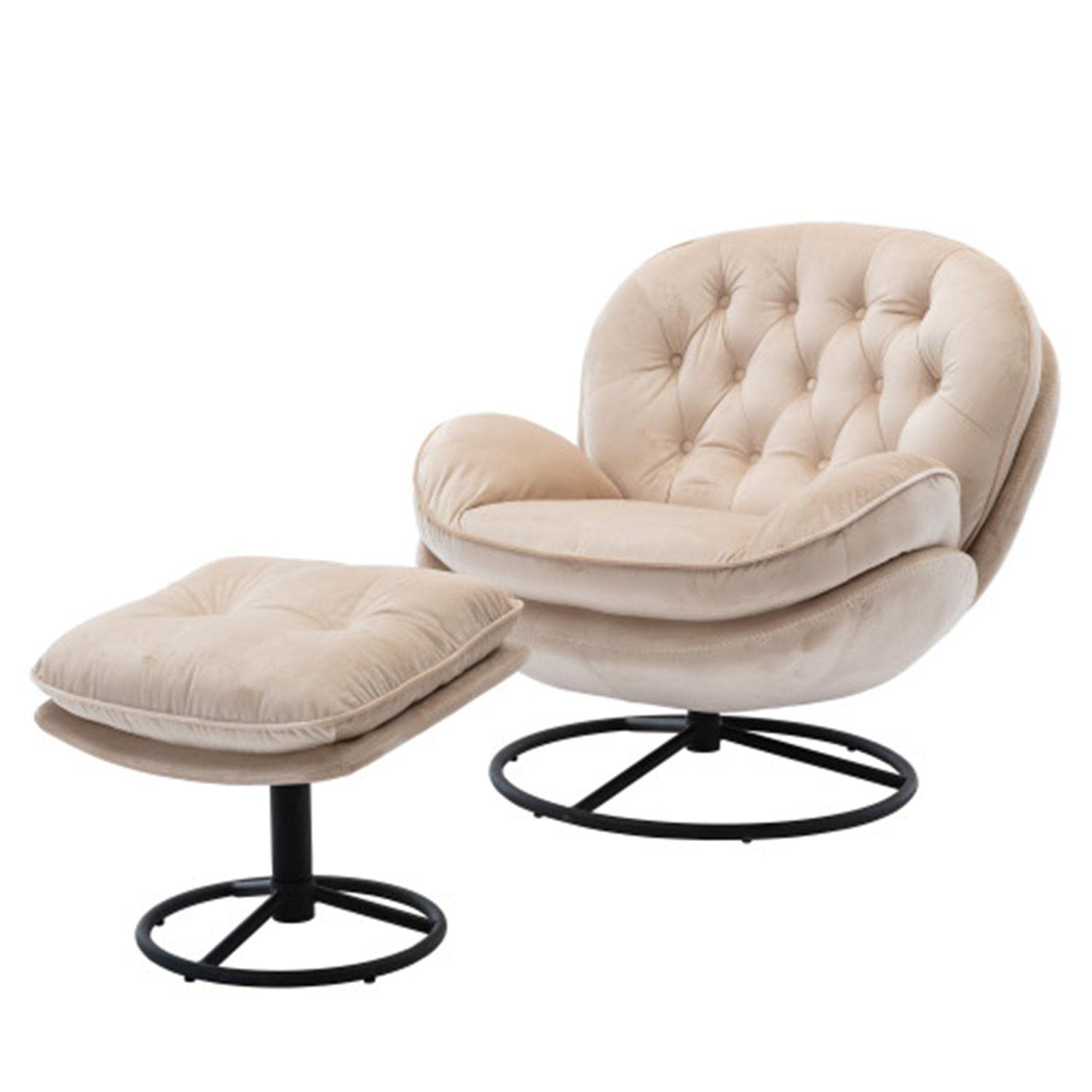 Velvet Swivel Accent Chair with Ottoman - Upholstered Lounge Chair with Footrest for Living Room, Bedroom or Office - Soft Beige Fabric Modern Comfort Chair