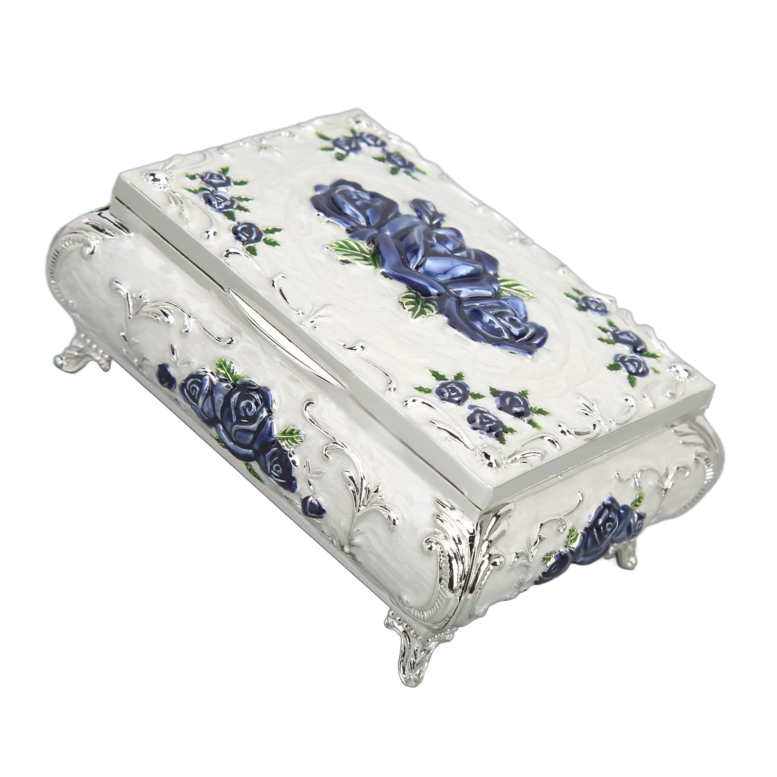 Vintage Jewelry Box for Women - Medium Silver White Blue Rose Treasure Chest Gift Box | Perfect for Jewelry Storage, Home Decor, and Special Occasion Gifts