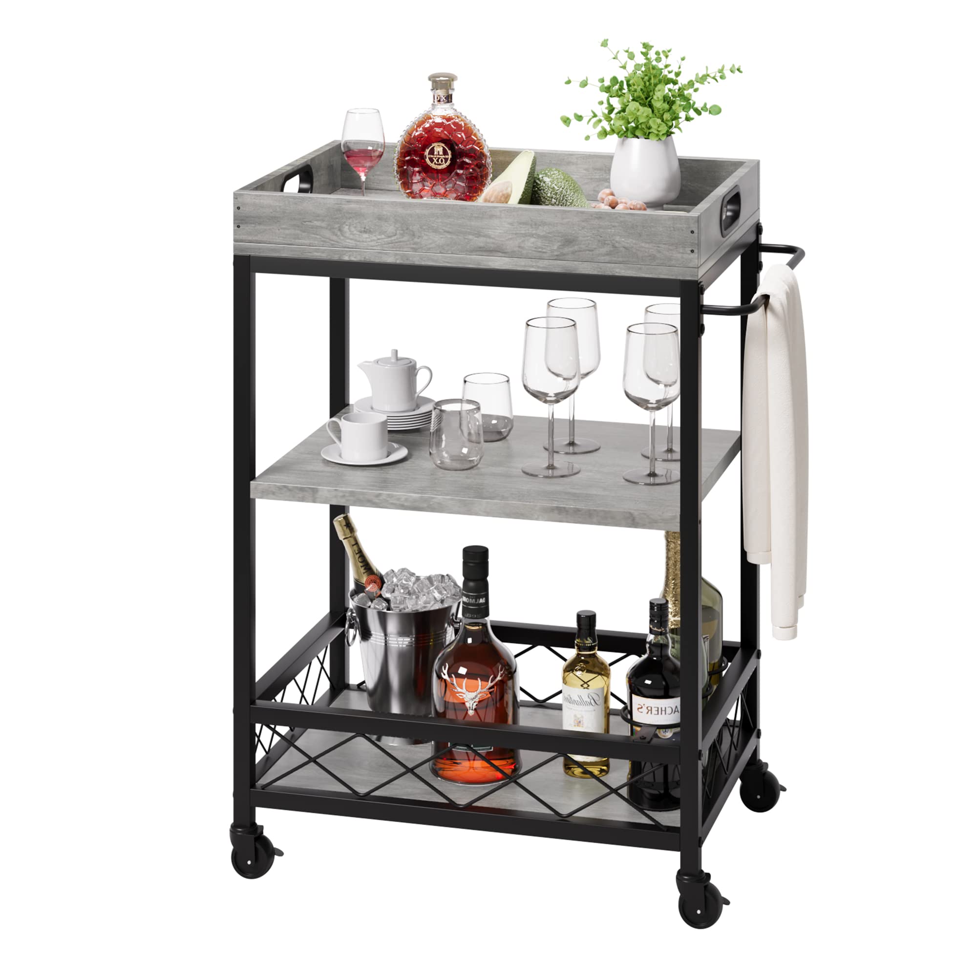 GARVEE 3-Tier Rolling Bar Cart with Wine Rack & Locking Wheels - Grey | Mobile Serving Cart for Kitchen, Dining Room & Outdoor Entertaining