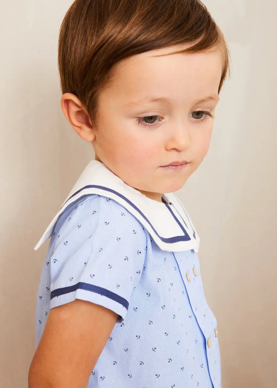 Lyall Stripe Anchor Motif Mariner Collar Short Sleeve Shirt - Blue Boys' Nautical Top (12 Months to 6 Years) | Perfect for Beach Outings, Summer Parties & Casual Wear