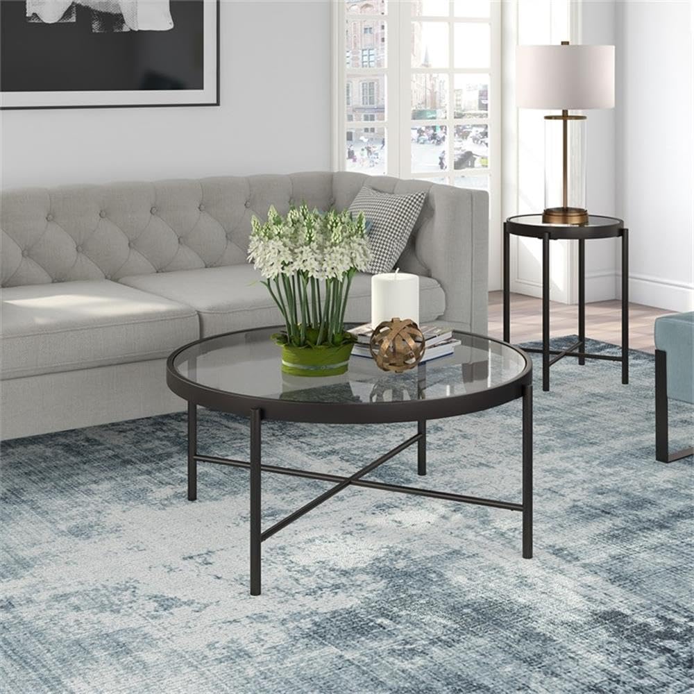 Pemberly Row 36-Inch Round Metal Coffee Table with Glass Top in Black & Bronze - Perfect for Living Room, Lounge, and Office Decor