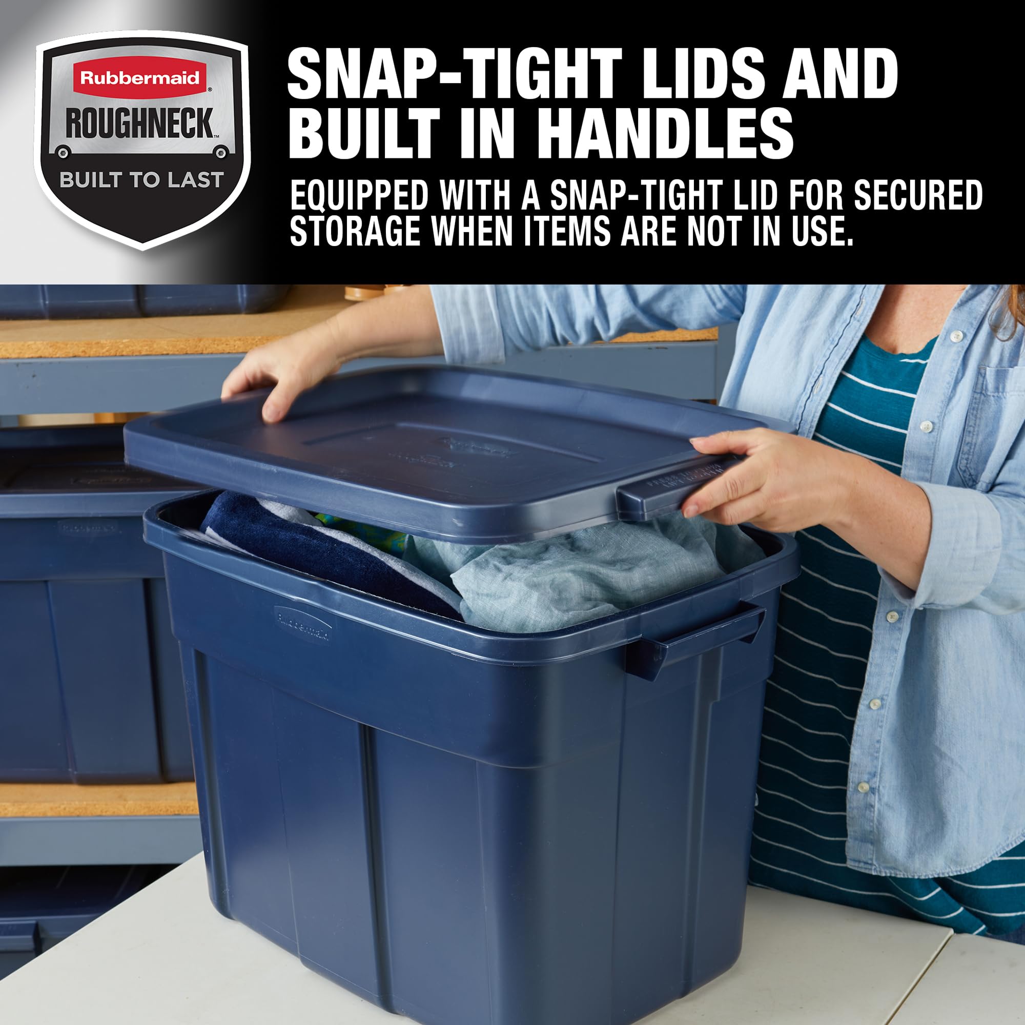 Rubbermaid Roughneck 18 Gallon Storage Totes - 6 Pack, Heavy Duty Plastic Stackable Bins with Lids & Handles, Made in USA, Dark Indigo Metallic - Perfect for Garage Organization, Home Storage & Moving Supplies