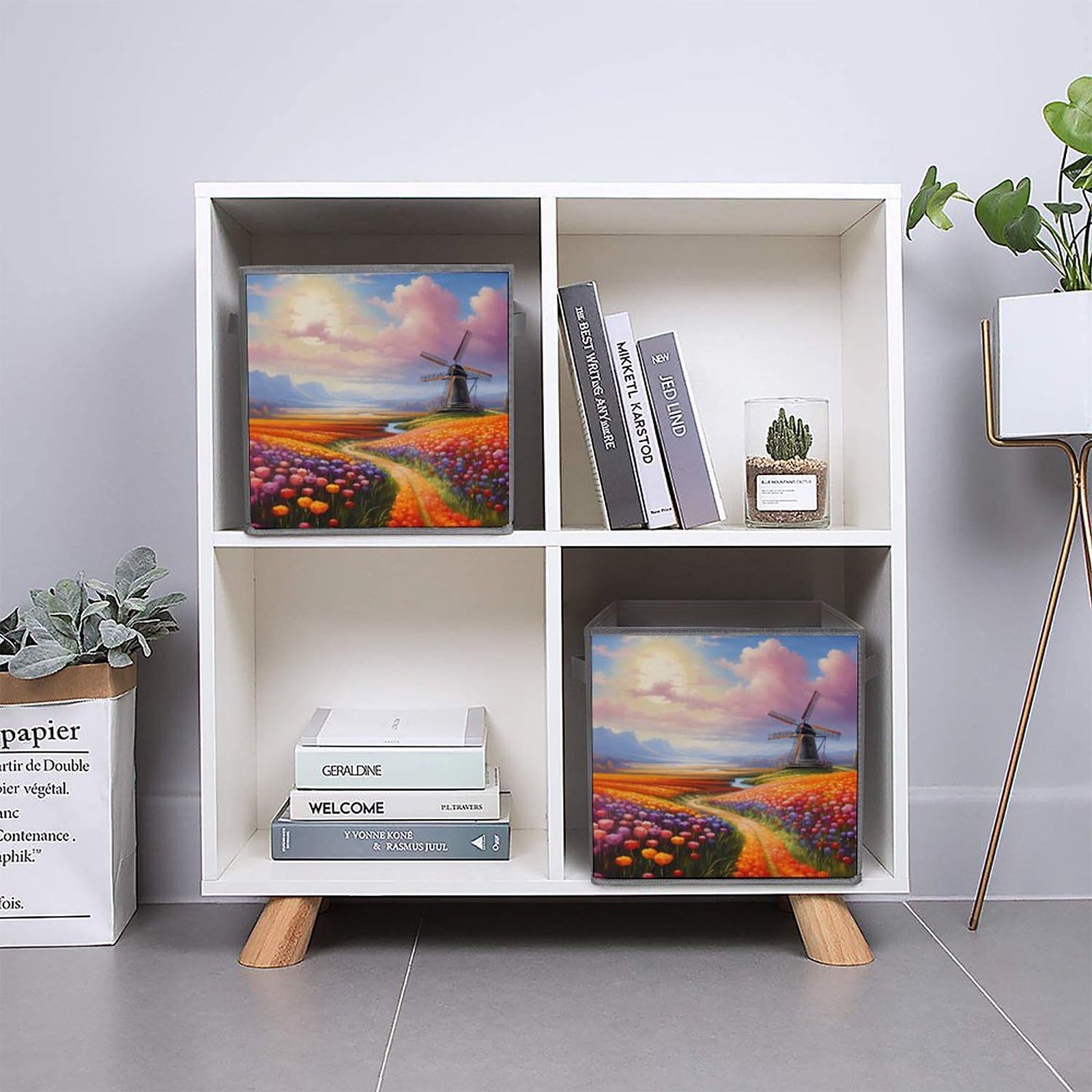 Dutch Windmills Tulips Foldable Storage Cubes - 6 Pack Collapsible Fabric Bins with Handles for Home, Office, Nursery & Closet Organization - Stylish Square Storage Baskets for Toys, Books & Laundry