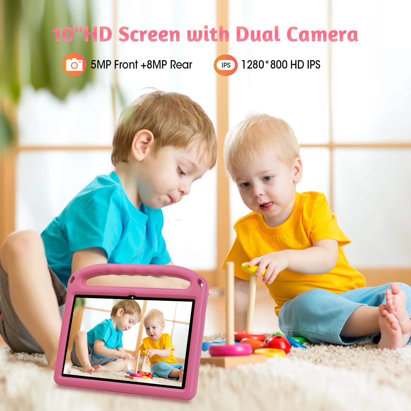 10-Inch Kids Tablet with Android 14 | 8GB RAM 128GB ROM | Parental Controls, Dual Camera & 6000mAh Battery | Includes EVA Case - Perfect for Learning, Games & Travel (Pink)