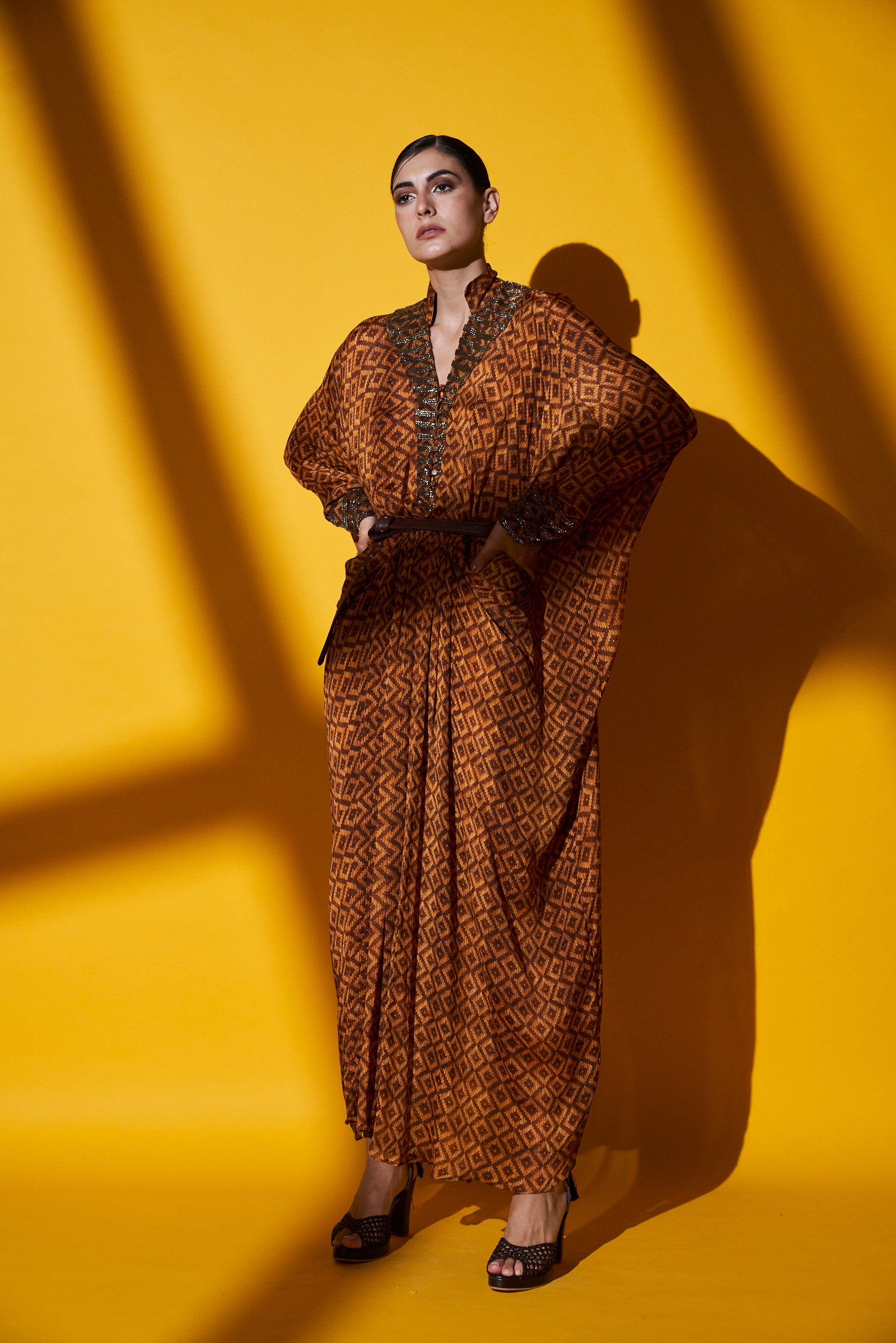 Archana Puran Singh Beige Brown Basket Weave Print Pleated Maxi Dress with Embroidered Belt - Elegant Boho Chic Dress for Summer Parties, Weddings & Beach Vacations