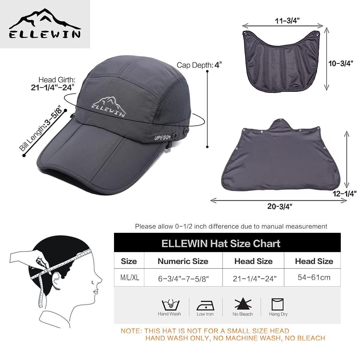 ELLEWIN UPF 50+ Sun Hat for Men & Women - Wide Brim UV Protection Fishing Hat with Neck Flap & Face Cover - Perfect for Outdoor Activities, Beach, Hiking, and Gardening