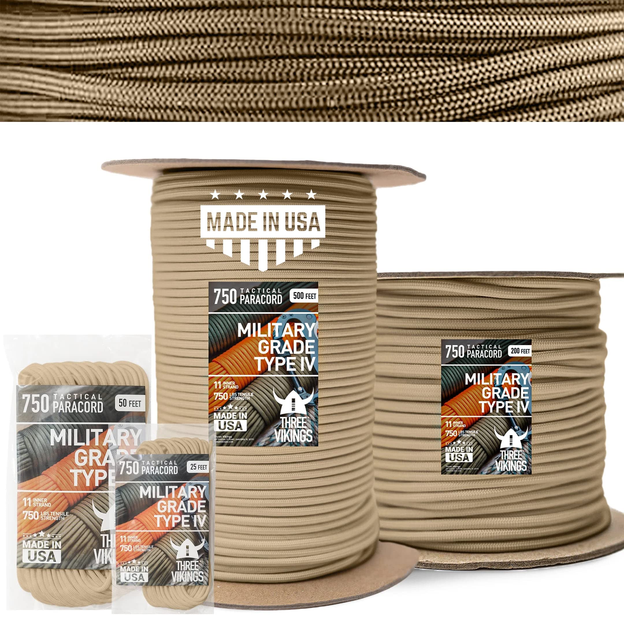 Ultra-Strong 750lb Type IV Paracord Rope - 100% Nylon 11-Strand Core - Heavier Duty Than 550 Paracord - Made in USA - Perfect for Survival Kits, Camping Gear & Outdoor Adventures