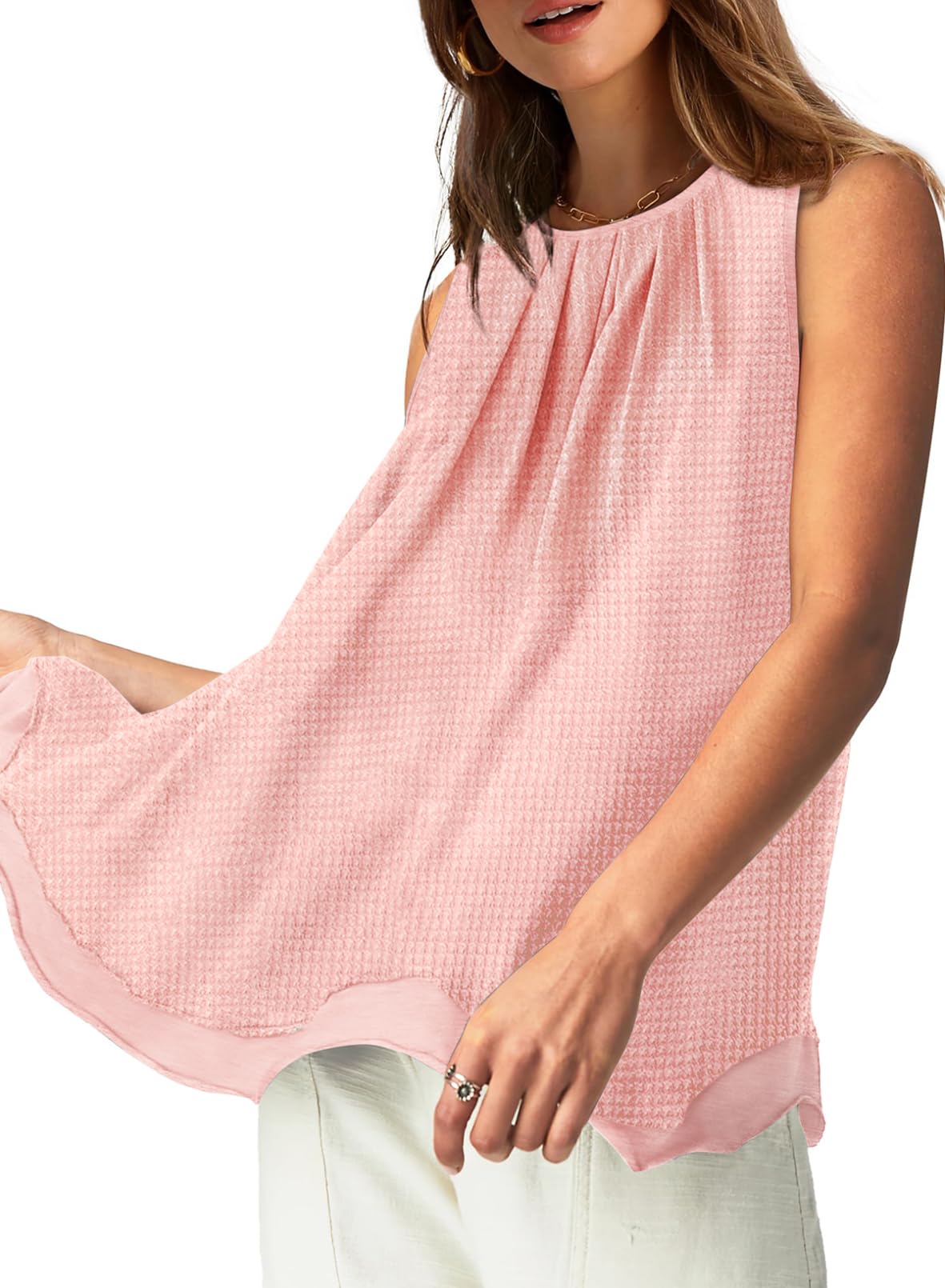 Dokotoo Women's Summer Tank Tops - Pleated Crewneck Waffle Knit Tunic Tops, Trendy Loose Fit Sleeveless Blouses for Casual Wear, Beach Outfits & Summer Fashion