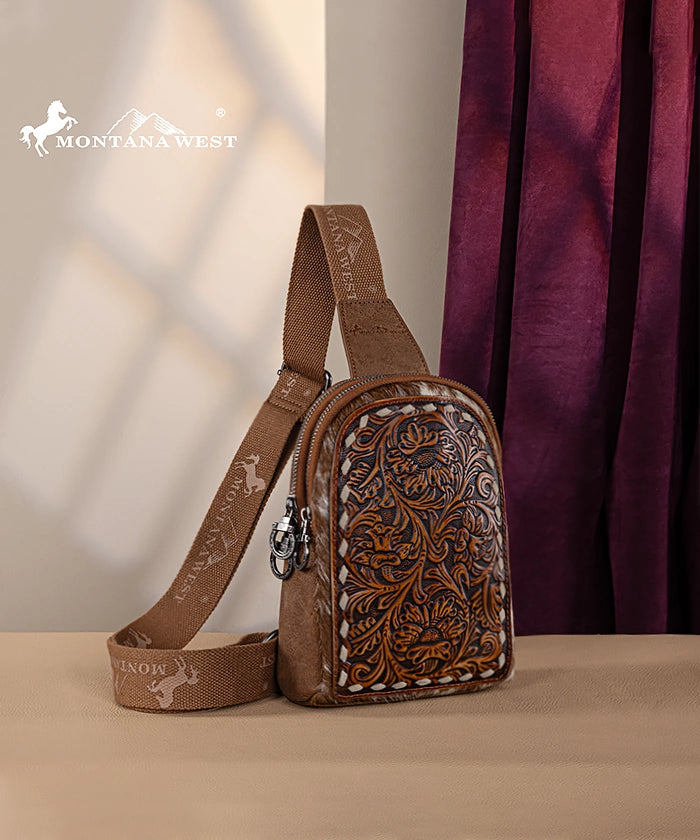 Montana West Tooled Leather Concealed Carry Sling Bag for Men & Women - Crossbody Shoulder Bag with Hidden Gun Pocket - Perfect for Hiking, Travel & Everyday Use