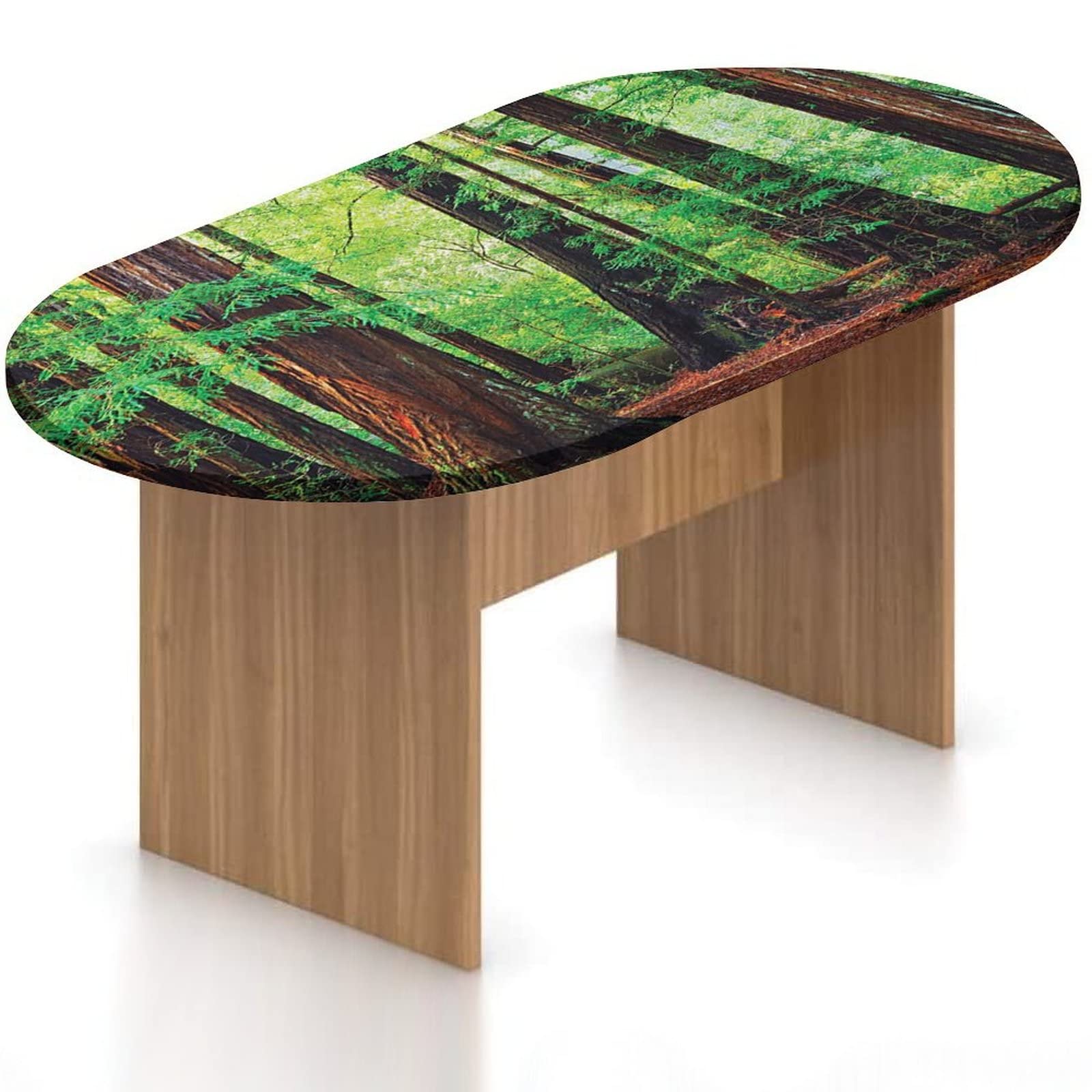 Waterproof Oval Table Cover Fitted - Elasticized Polyester Tablecloth with Redwood Trees & Rainforest Print - Fits Oval Tables 48x68 Inches - Perfect for Outdoor Dining, Picnics & Party Decor (Green/Brown)