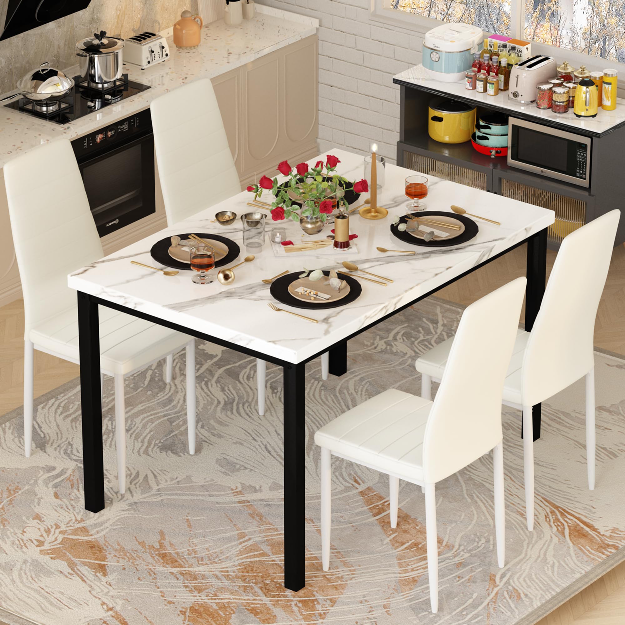 DKLGG 5-Piece Dining Table Set for 4 with PU Leather Chairs & Faux Marble Top - Space-Saving Kitchen Table Set for Small Homes & Apartments - Perfect for Family Meals, Dinner Parties & Compact Living Spaces
