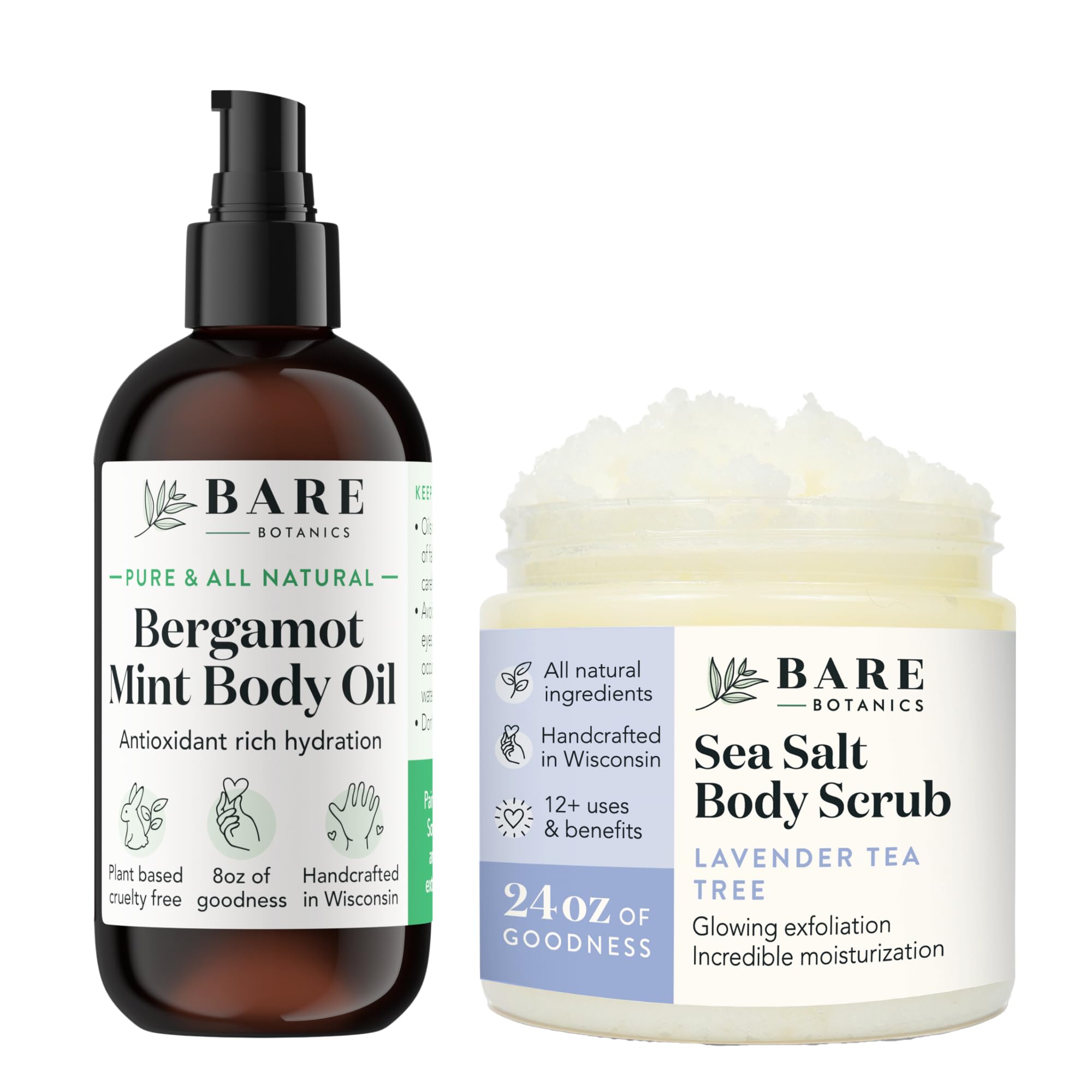 Bare Botanics Bergamot Mint Body Oil & Lavender Tea Tree Body Salt Scrub Set - Custom Formulated for Dry Skin - Aromatherapy, Spa Treatment, Relaxation Gift