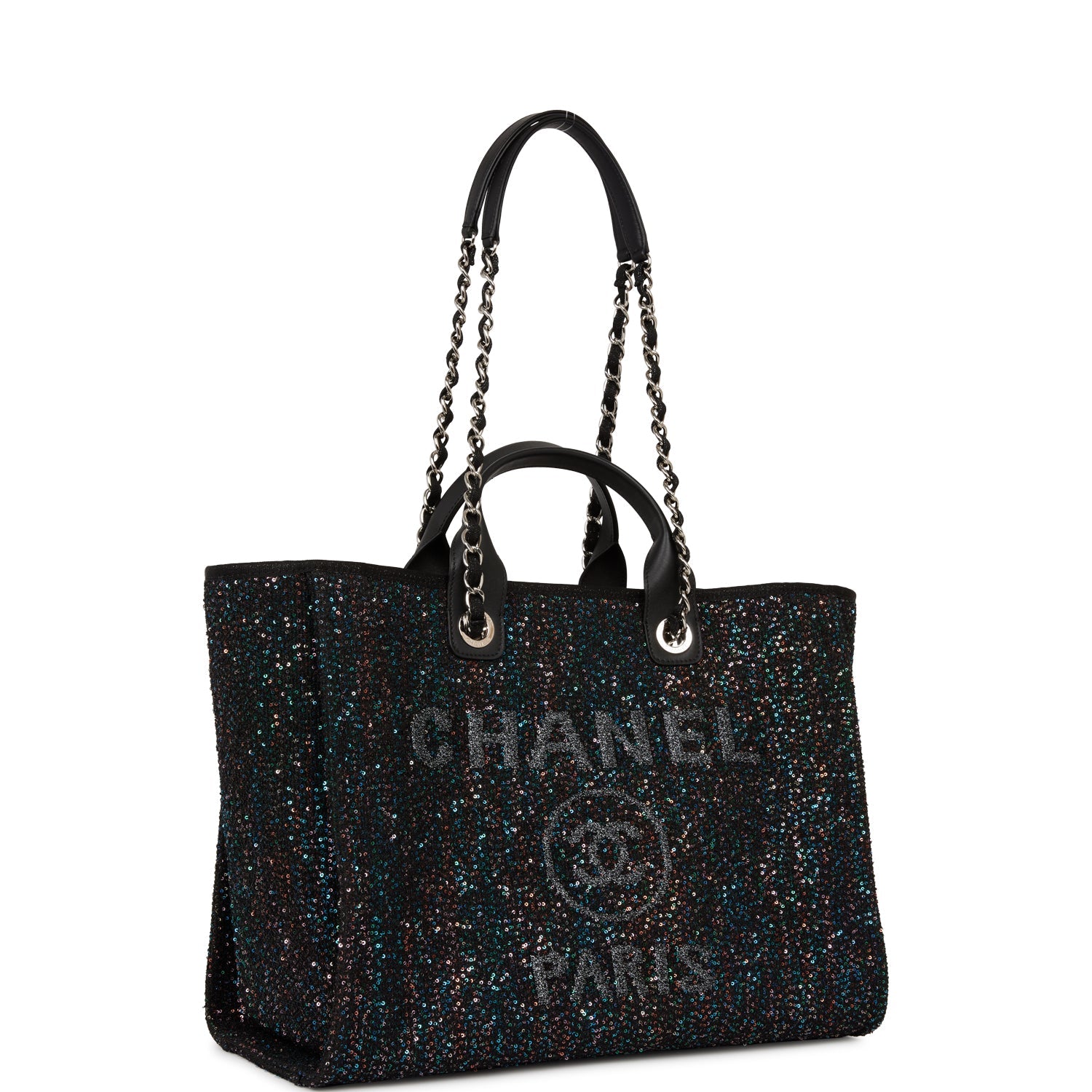 Chanel Large Deauville Shopping Bag Black Sequin Boucle Tote with Silver Hardware - Perfect for Travel, Beach & Everyday Luxury
