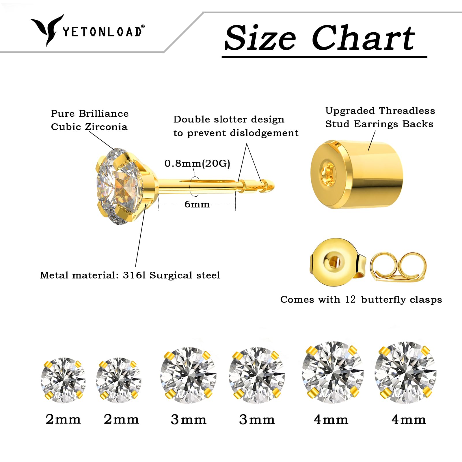 5-6 Pairs Hypoallergenic Surgical Stainless Steel Cubic Zirconia Stud Earrings Set - Flat Back Push-in CZ Ear Studs for Women & Men (2-8mm) | Trendy Cartilage, Helix & Lobe Piercing Jewelry for Everyday Wear & Gift Giving