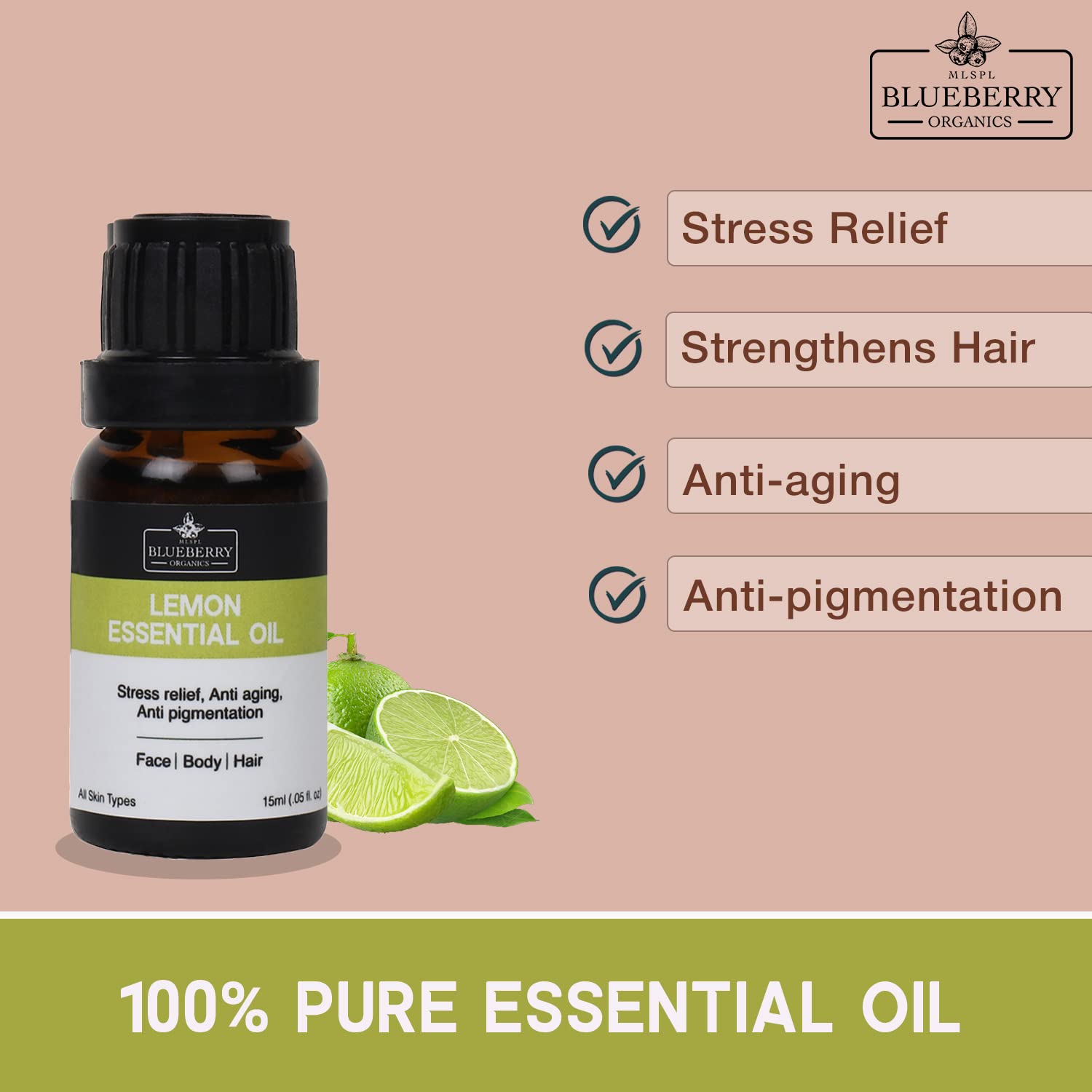 MLSPL BLUEBERRY ORGANICS Pure Lemon Essential Oil - 15ml | Natural Skin Brightening & Dandruff Treatment | For All Skin & Hair Types | Perfect for Aromatherapy, DIY Beauty & Hair Care