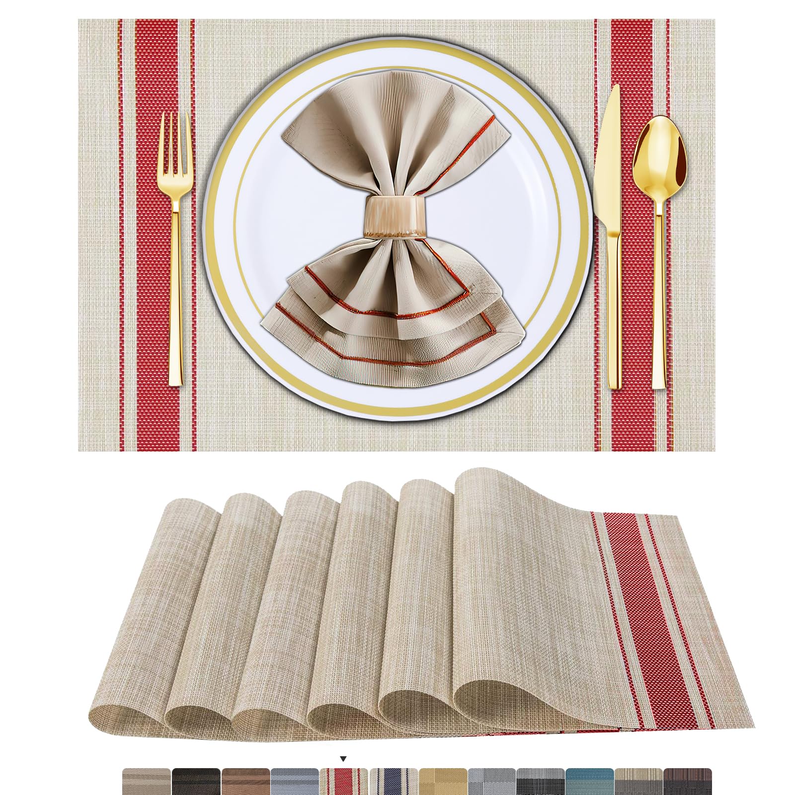 Boho Woven Placemats Set of 6 - Waterproof Vinyl Table Mats for Dining, Indoor & Outdoor Use - Red Lines Design for Kitchen, Patio, and Party Decor