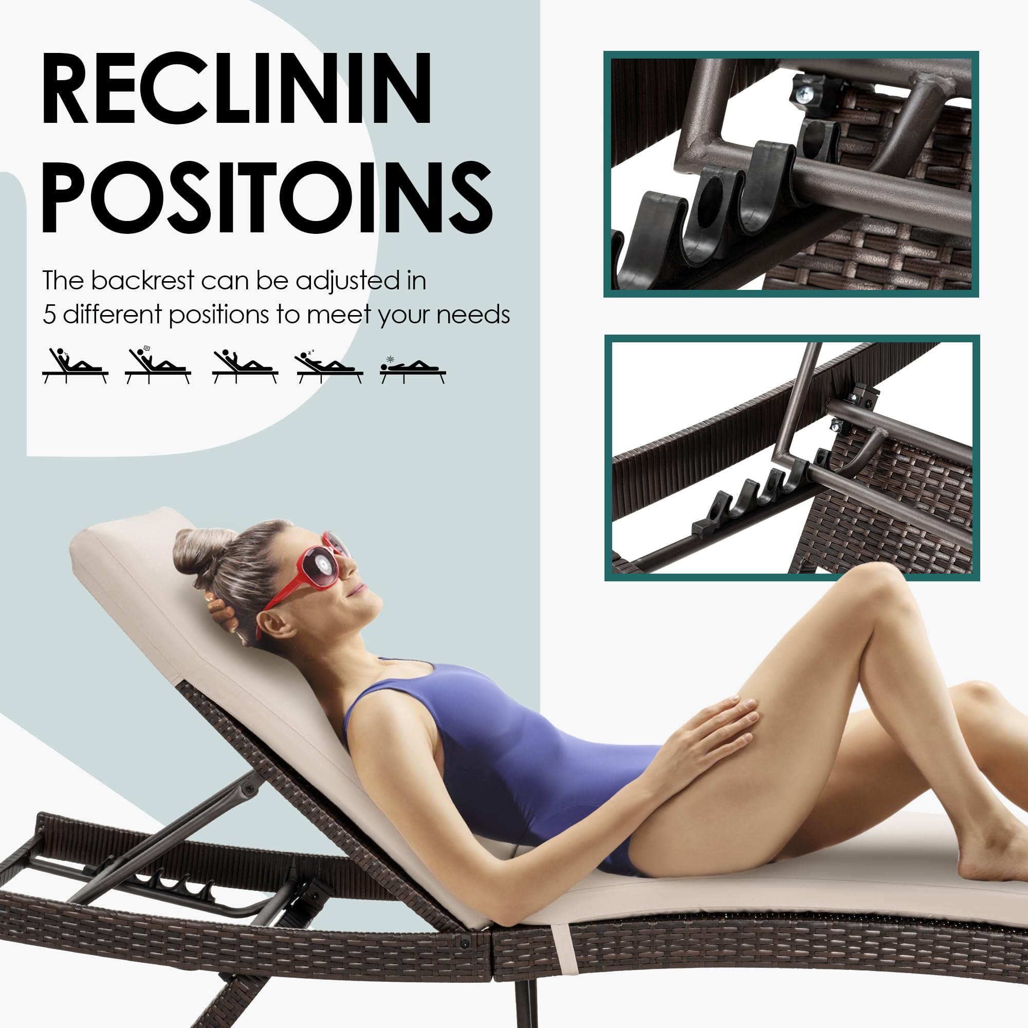 Pamapic Adjustable Patio Chaise Lounge Chair with Removable Cushion - 1-Piece Outdoor Poolside Lounge Set for Backyard, Porch & Garden Relaxation | Perfect for Sunbathing, Lounging by the Pool, or Enjoying Outdoor Leisure Time