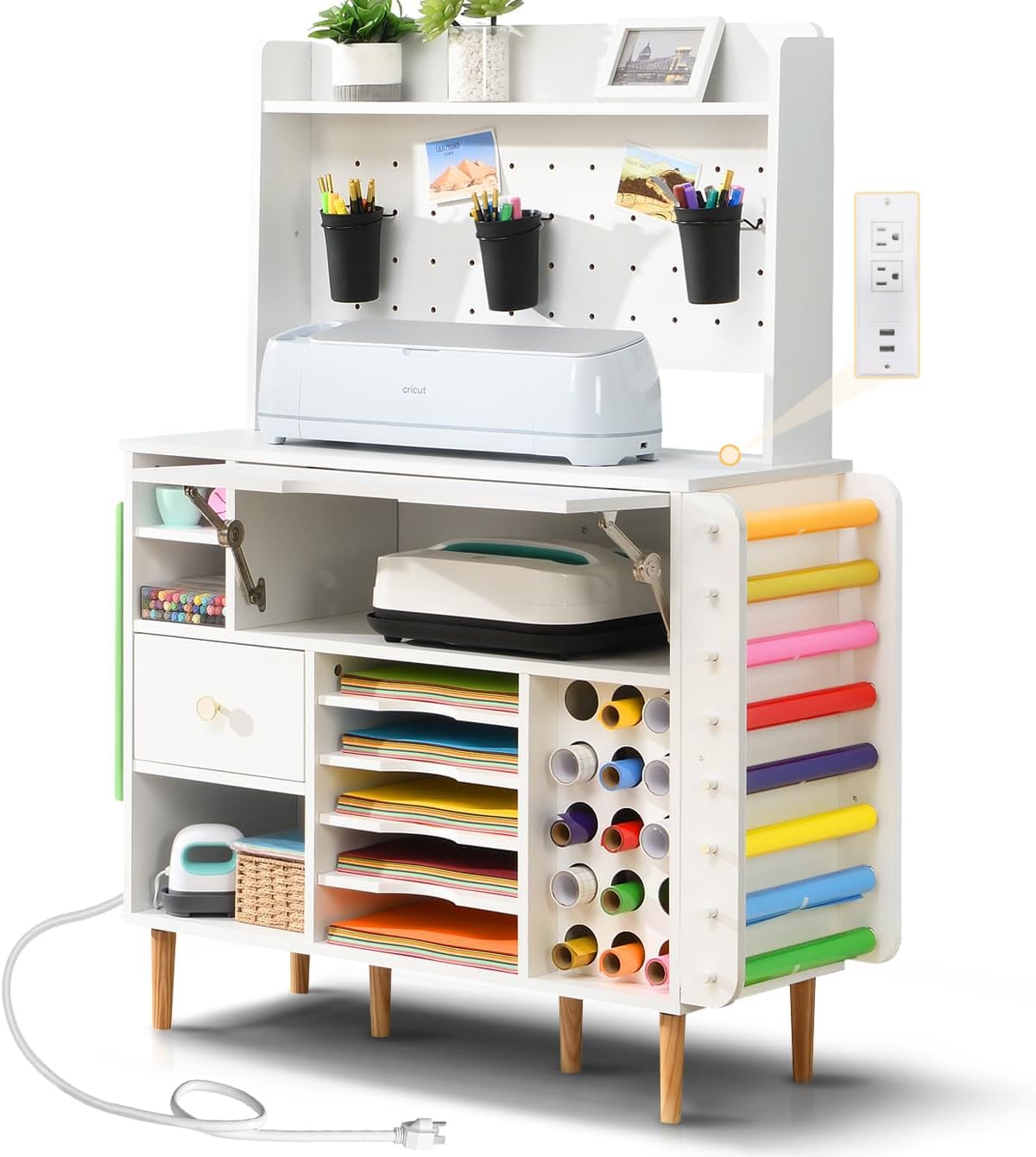 Cricut Compatible Craft Storage Cabinet with Power Outlet & Pegboard - Organizer for Vinyl, Tools & Supplies - Perfect for Scrapbooking, DIY Projects & Home Craft Stations
