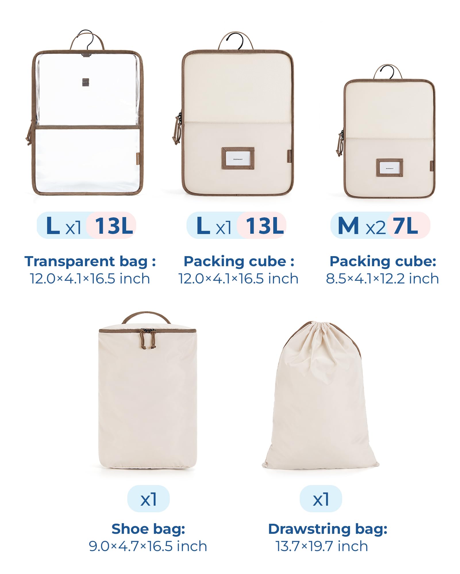 BAGSMART 6-Piece Clear Waterproof Hanging Packing Cubes for Travel - Suitcase Organizer with Zipper, Handles & Hook - Sky Blue - Perfect for Closet Storage & Luggage Organization