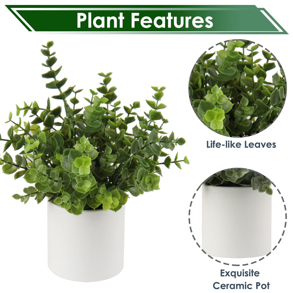 Briful Mini Fake Plants Set of 2 - Small Faux Eucalyptus & Rosemary Potted Greenery - Artificial Home Decor for Table, Office Desk, Bathroom Shelf, Kitchen, Farmhouse Mantel - Perfect for Indoor Spaces, Wedding Centerpieces & Housewarming Gifts