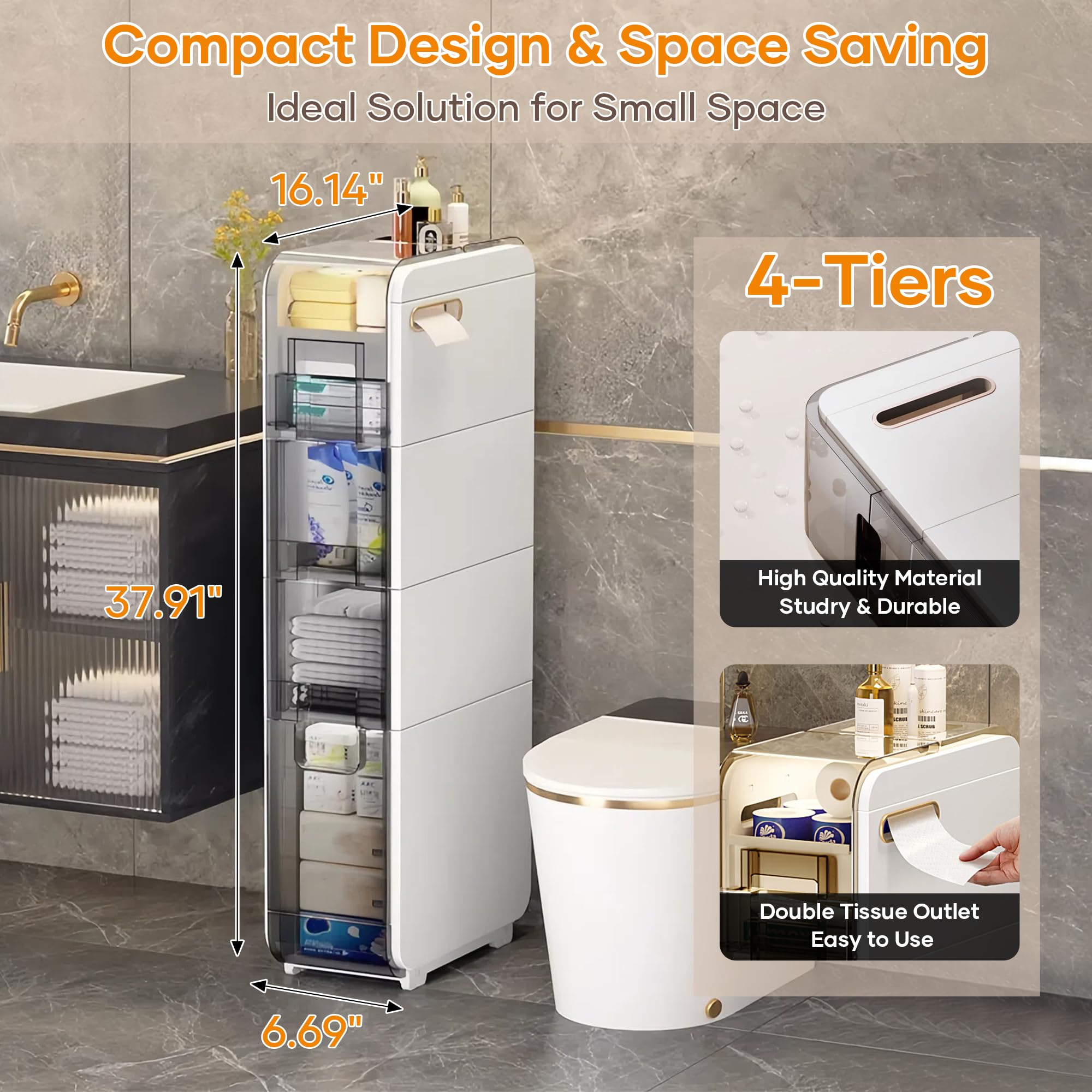 4-Tier Slim Bathroom Storage Cabinet with Drawers & Toilet Paper Holder - Space-Saving Narrow Organizer for Small Bathrooms, Kitchen, Laundry Room - Durable Plastic Floor Cabinet for Toiletries, Towels & Cleaning Supplies (Perfect for Apartments & Compact Spaces)