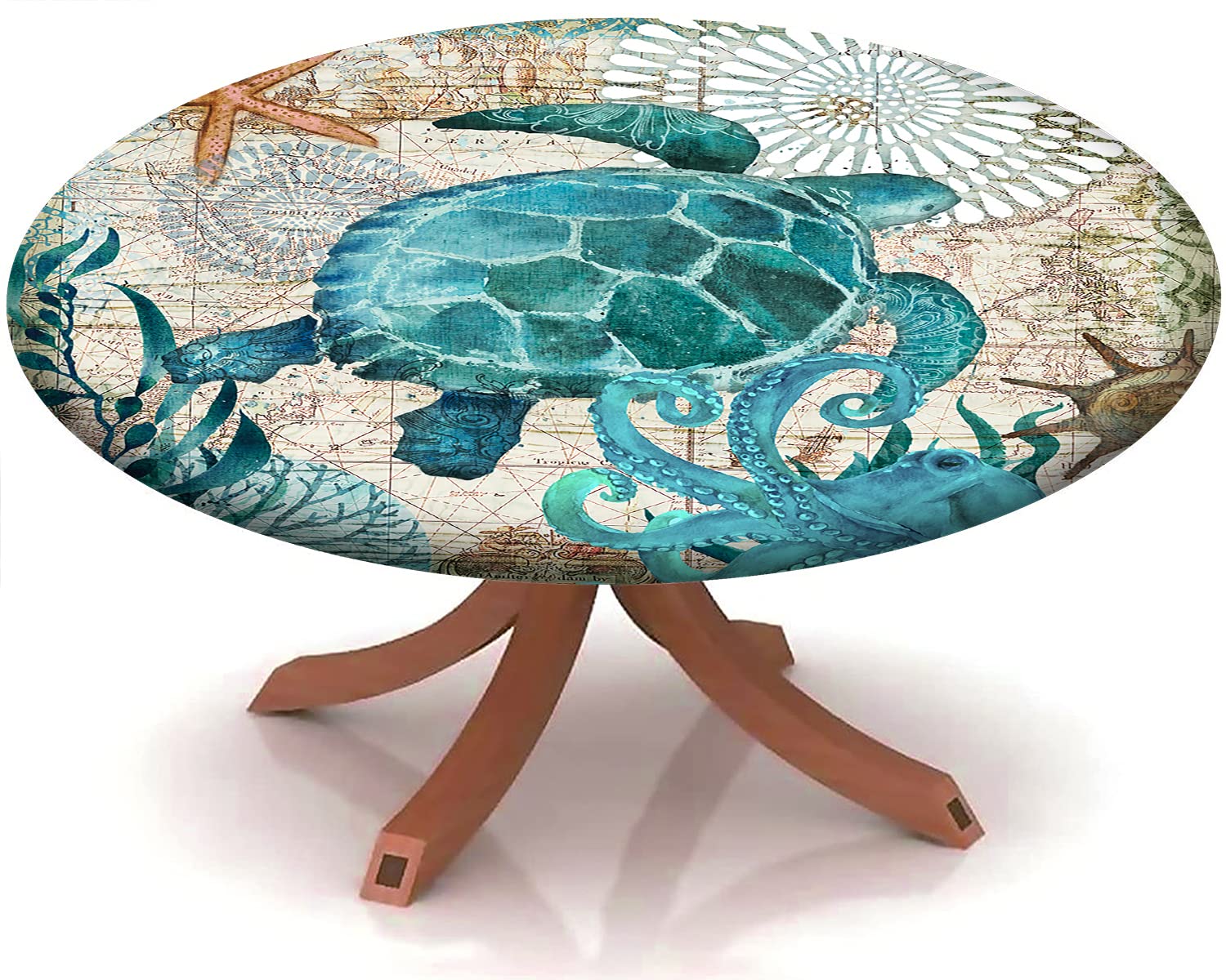 Sea Turtle & Octopus Themed Elastic Edge Round Tablecloth - Stretch Fit for 28