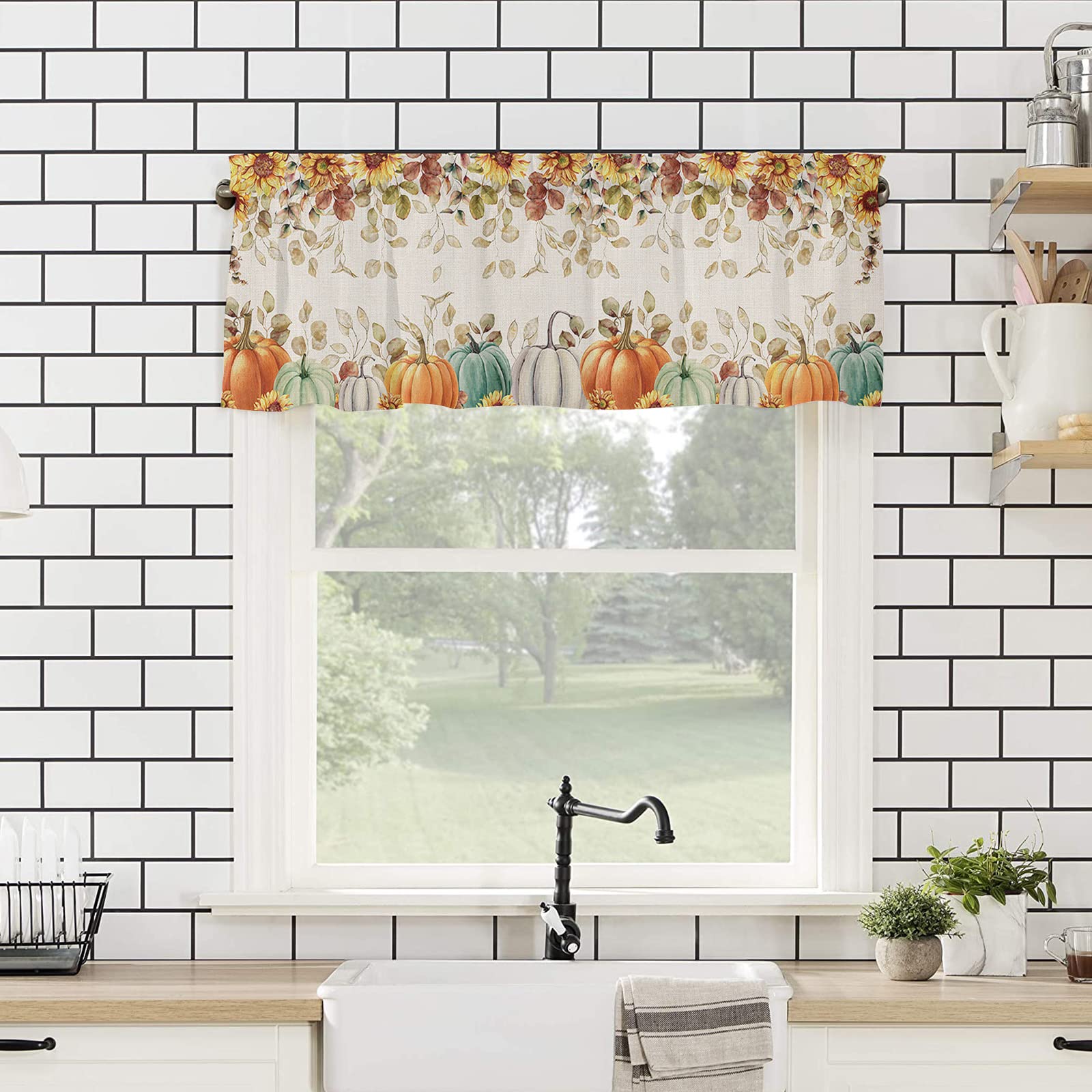 Fall Eucalyptus Leaves Window Valance - Blue Grey Pumpkin Farmhouse Curtain for Living Room, Kitchen & Bathroom - Thanksgiving Sunflower Floral Short Rod Pocket Window Treatment (54x18) - Perfect for Autumn Decor, Seasonal Home Styling and Holiday Gatherings