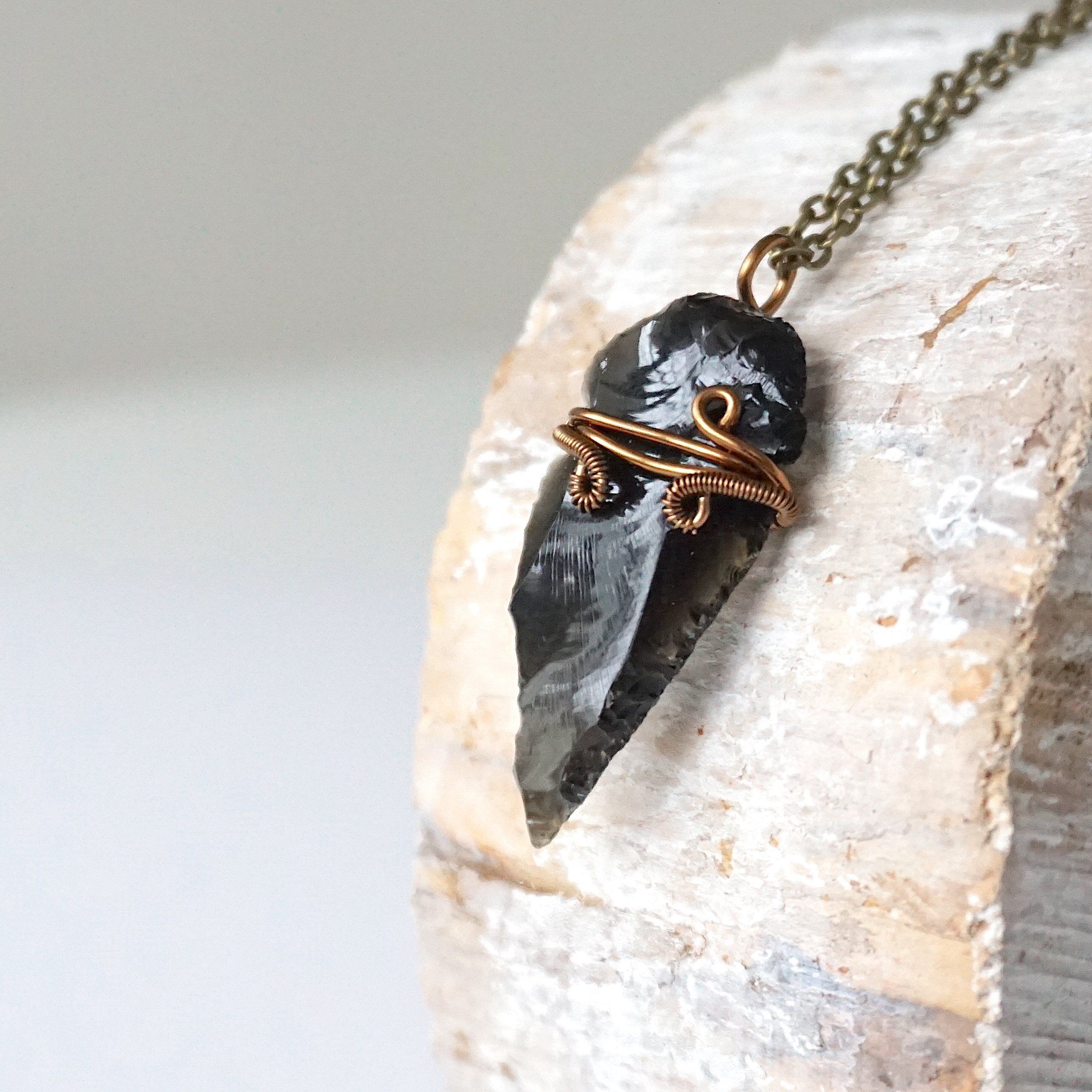 Obsidian Arrowhead Pendant Necklace in Antique Bronze - Handmade Stone Jewelry for Men & Women | Perfect for Outdoor Adventures, Spiritual Healing & Boho Fashion