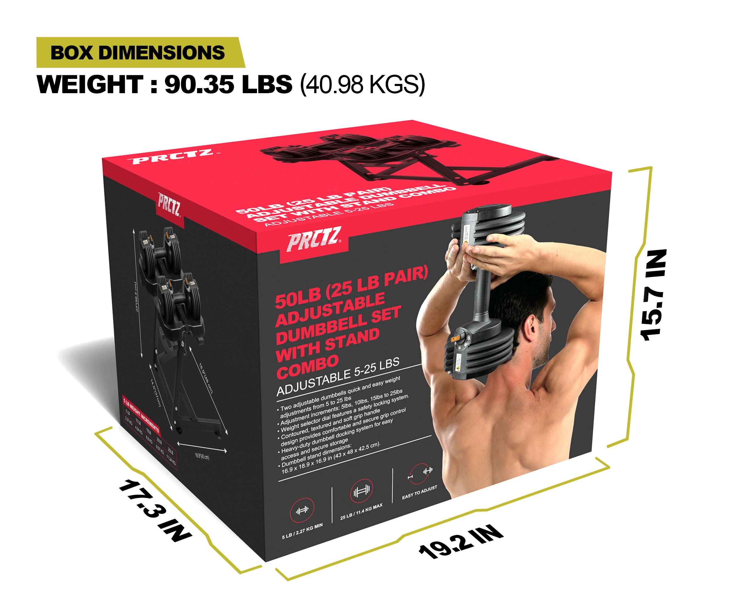 PRCTZ 5-25lb Adjustable Dumbbell Set with Stand - Quick Select Weight System for Home Gym, Strength Training & Full Body Workouts
