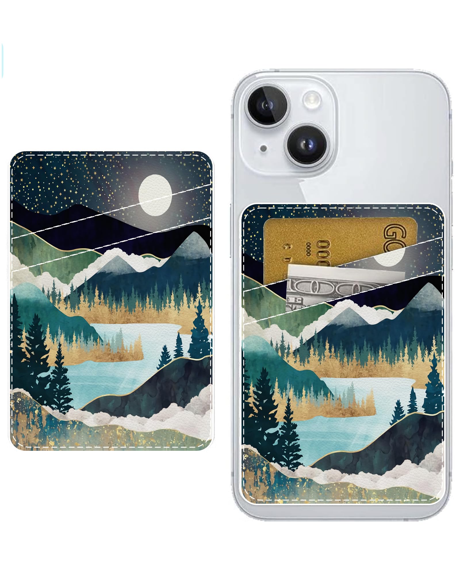Adhesive Leather Phone Card Holder - Slim Stick-On Wallet for Credit Cards & ID, Compatible with Most Smartphones (Cute Star Mountain Design) - Perfect for Travel, Shopping & Everyday Use