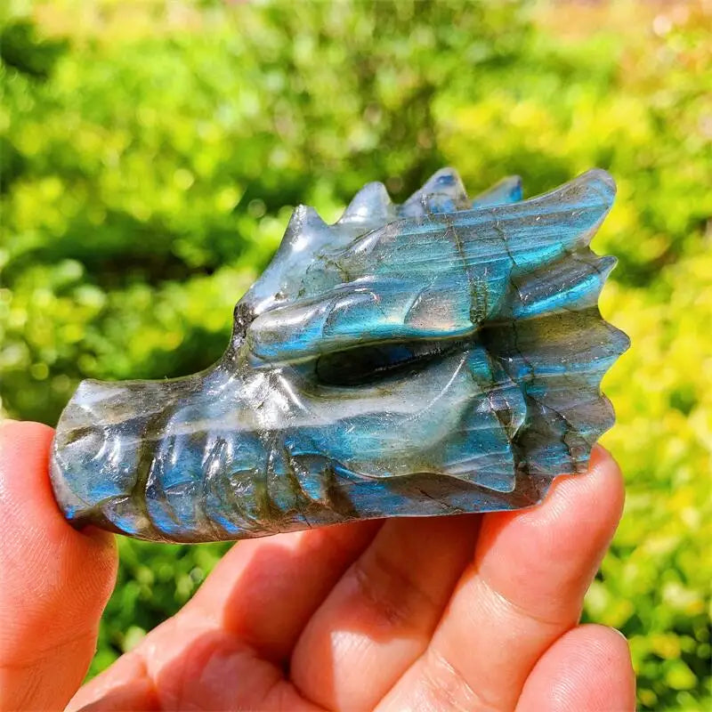 8CM Natural Labradorite Dragon Skull Crystal Carving - Feng Shui Healing Art, Home Decor Gift for Meditation, Office Desk Display & Spiritual Healing (1PC)