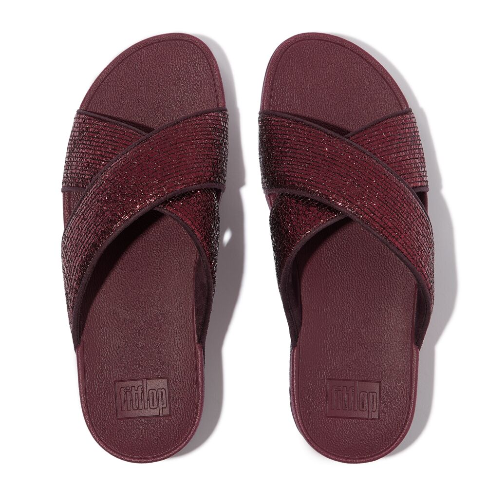 FitFlop Lulu Crinkled Shimmer Cross Slides Sandals for Women - Metallic Plumberry | Comfortable Summer Beach Sandals for Walking, Travel & Casual Outfits