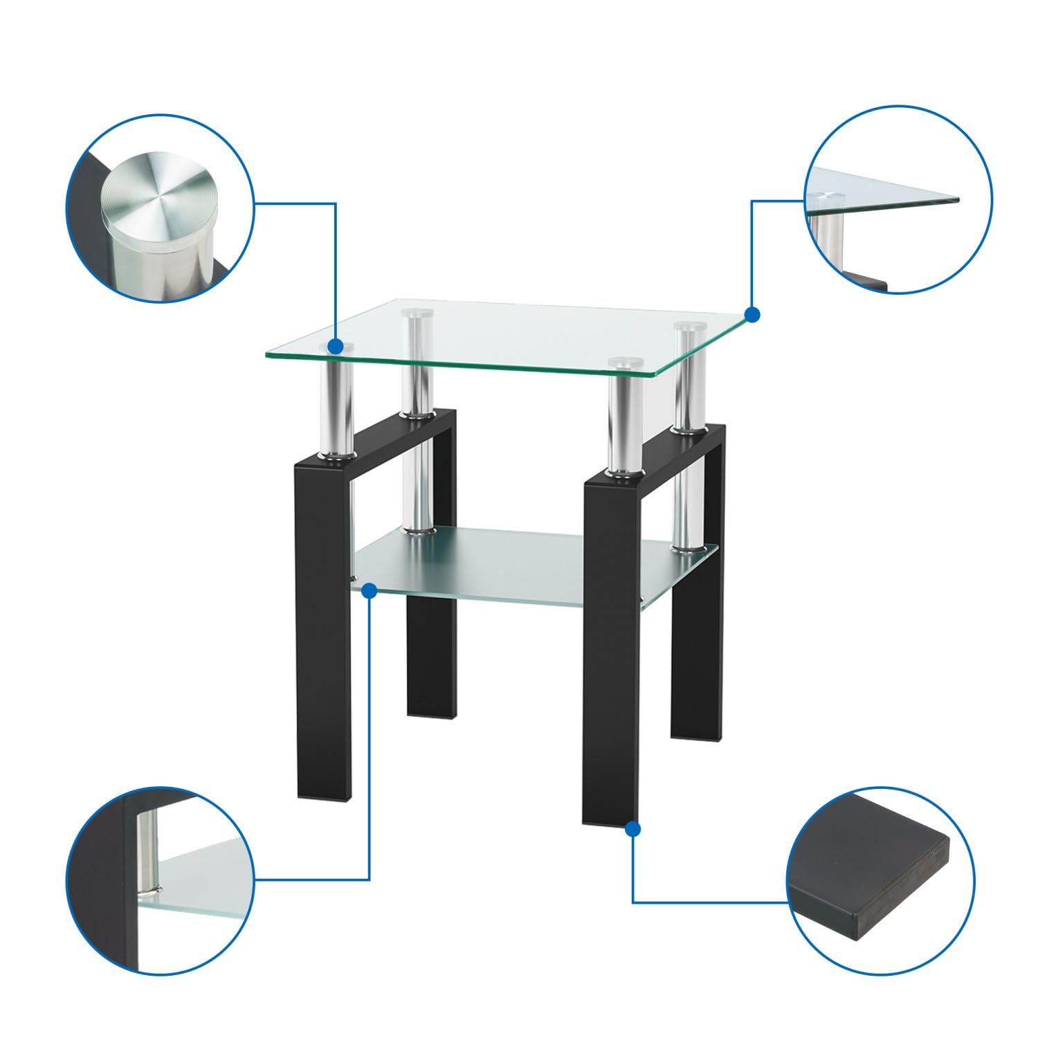 3 Piece Modern Living Room Table Set - Tempered Glass Coffee Table & End Tables with Sturdy Metal Legs, Black Frame & Clear Glass Top - Perfect for Living Room, Bedroom, Office or Dorm Decor (Style 1)