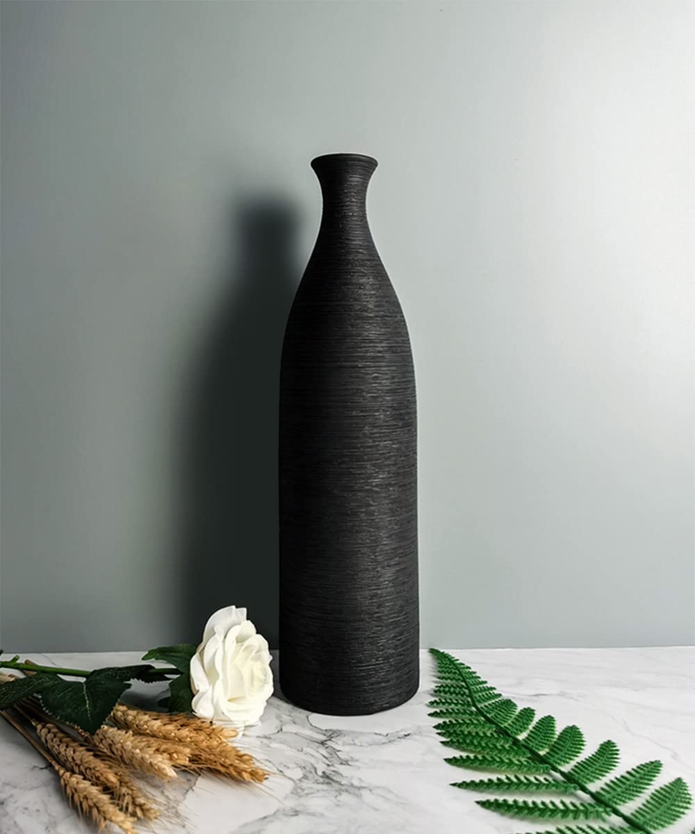 Modern Black Ceramic Vase - 13.3 Inch Small Narrow Neck Flower Vase for Home Decor, Farmhouse, Fireplace & Table Centerpiece | Elegant Ceramic Decorative Vase for Living Room, Dining Table & Wedding Decor
